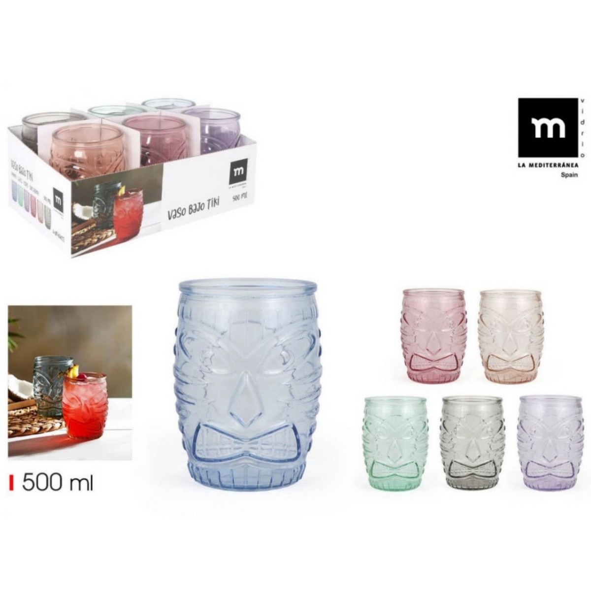 ZYLX SHOPPING - Pack 6 Vasos Tiki de Vidrio en Colores Surtidos | Diseño Tropical en Relieve | Capacidad 500 ml / 600 ml