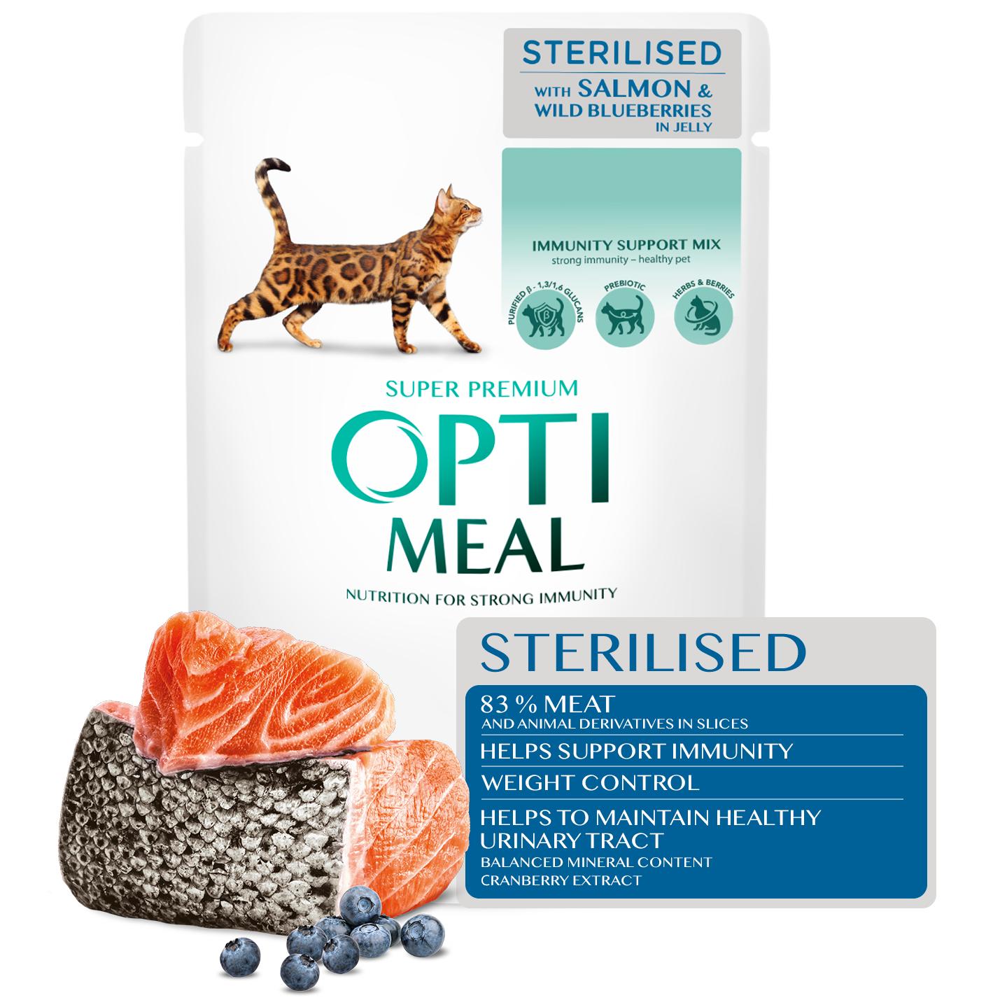 Comida húmeda para gatos adultos esterilizados OPTIMEAL con salmón y arándano en gelatina, paquete de 12*85g - Nutrición completa y equilibrada, alta en proteínas, omega-3 y antioxidantes para un sistema inmunológico fuerte y una salud óptima