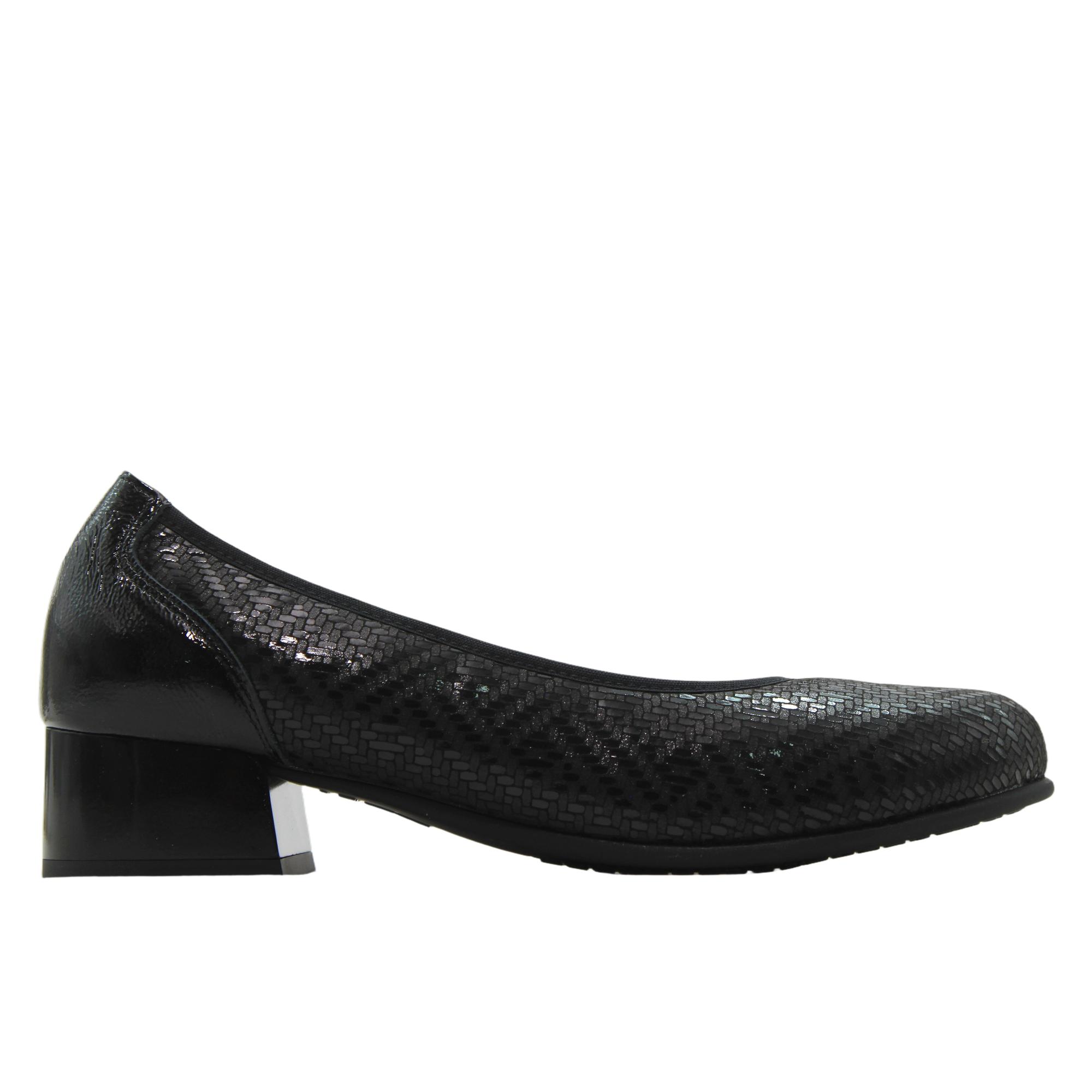 PITILLOS 11636 Zapatos de salón de piel charol y tejido grabado, tacón bloque, suela goma, para señora