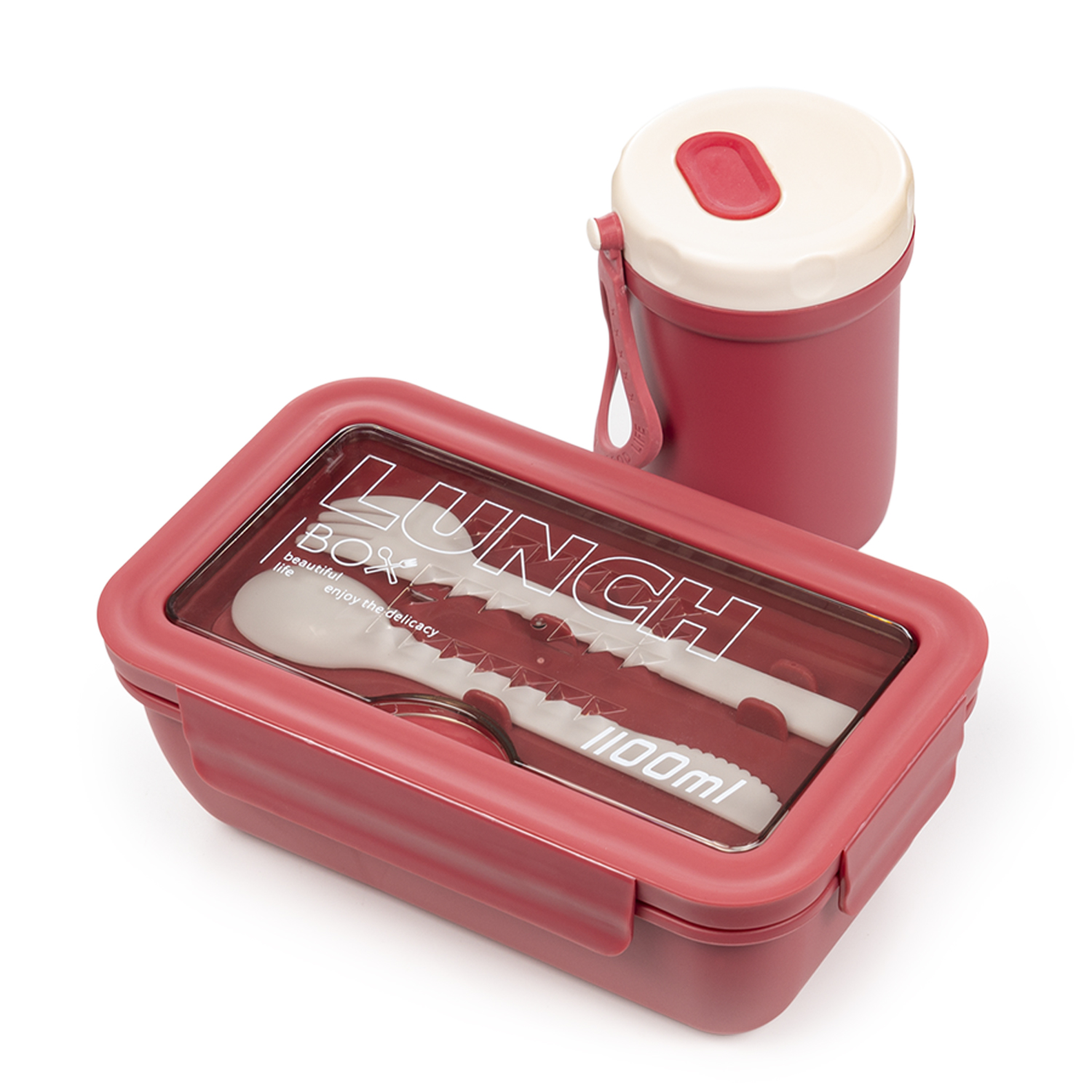 DAM. Fiambrera hermética para guardar alimentos, de 1100ml. Incluye vaso térmico y cubiertos. Apto para microondas. 20,3x12,3x7,3 cm.