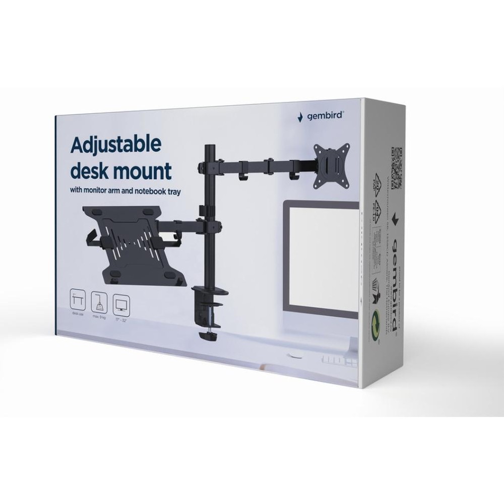 Gembird - Soporte de escritorio para monitor MA-DA-03 con brazo ajustable y bandeja para portátil, compatible con VESA 100, hasta 9 kg por pantalla, negro para uso diario