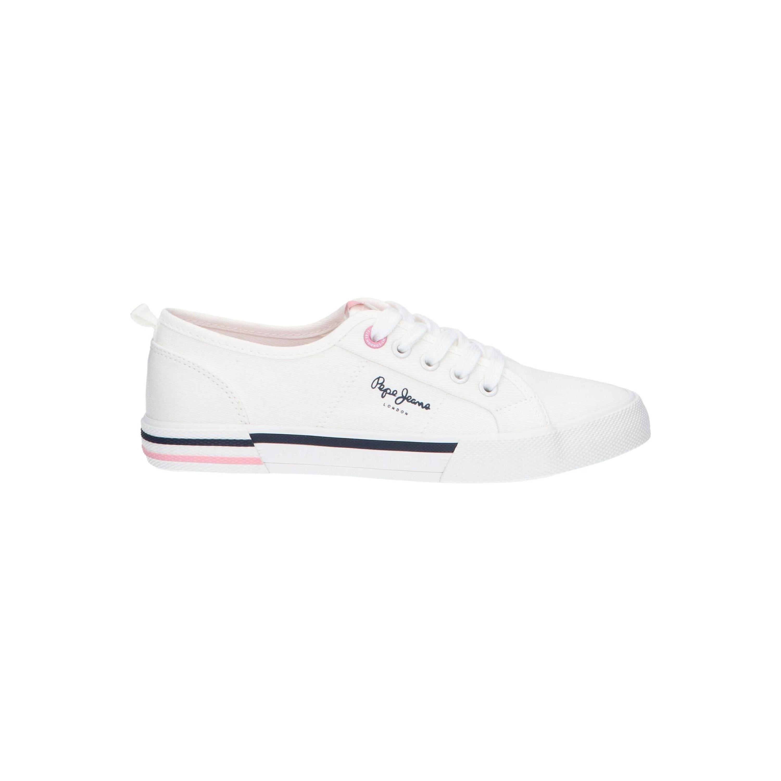 White casual sneakers for women by Pepe Jeans, made of canvas with a textile lining, lace-up closure, and rubber sole, perfect for versatile autumn-winter and spring-summer wear as comfortable women's shoes.
