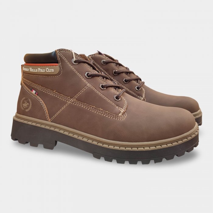 Beverly Hills Polo Club - Botines hombre marrón con cremallera lateral y cordones, suela gruesa para invierno