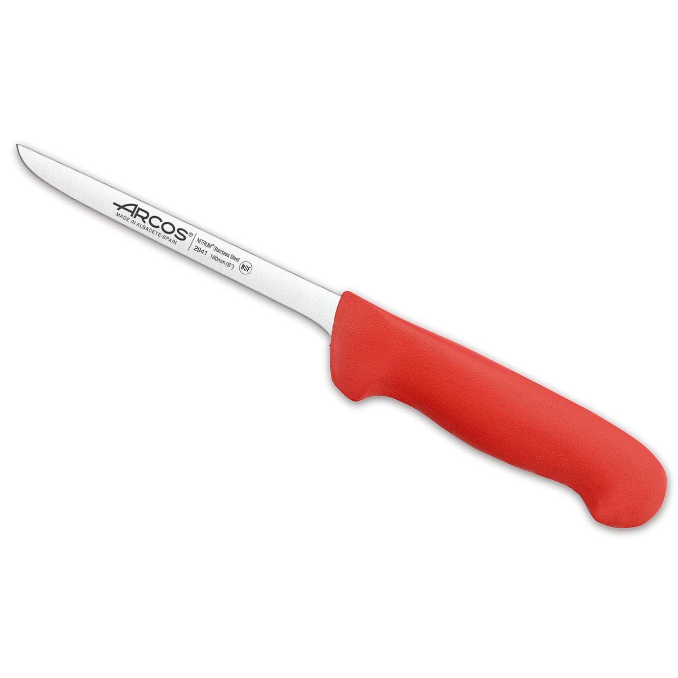 Arcos Cuchillo deshuesador con Hoja Acero Inoxidable Nitrum 160 mm. Cuchillo carnicero profesional para cortar huesos carne. Mango ergonómico polipropileno. Serie 2900. Color rojo.