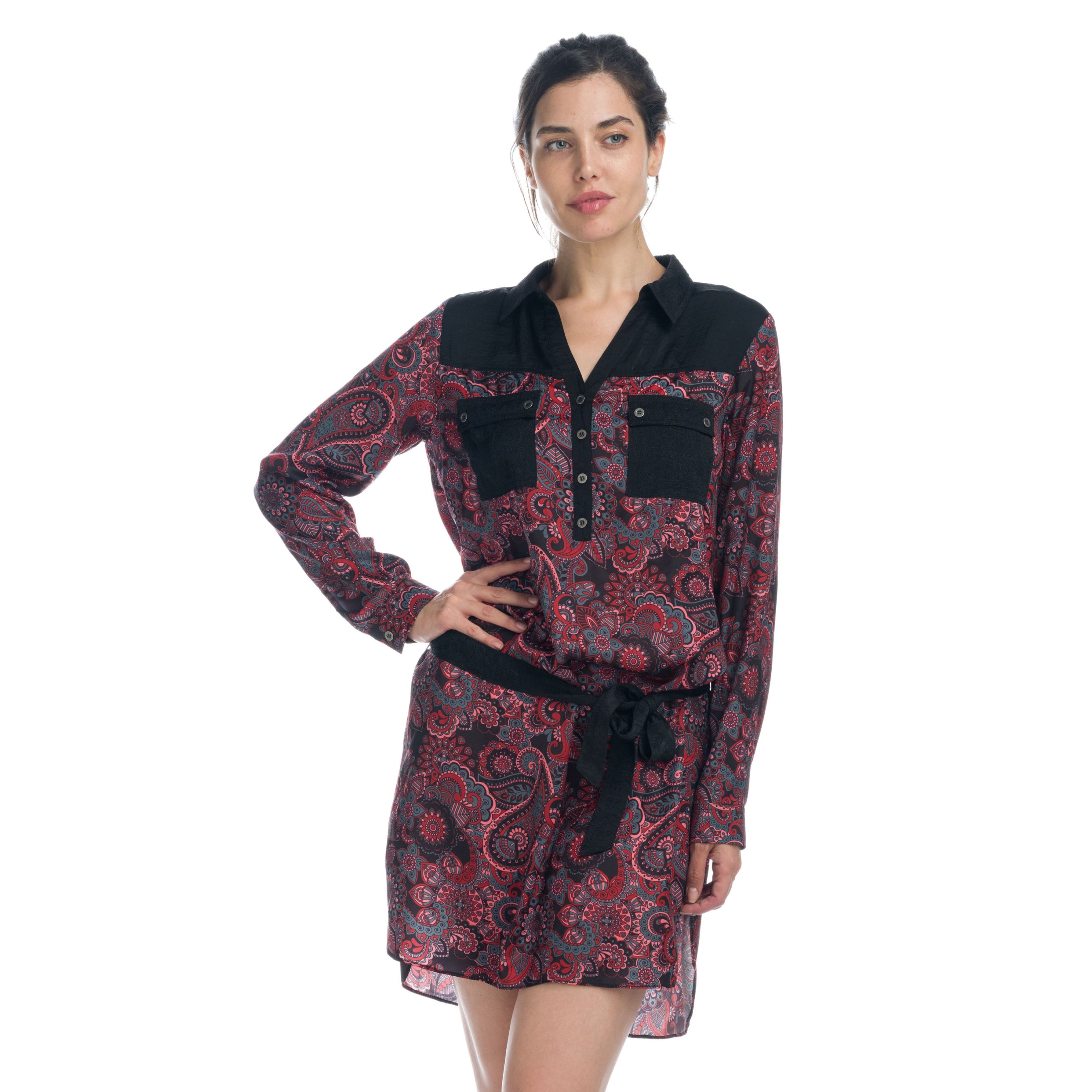 Koroshi - Vestido camisero estampado paisley manga larga con cinturón a contraste y bolsillos, diseño cómodo de poliéster para uso diario