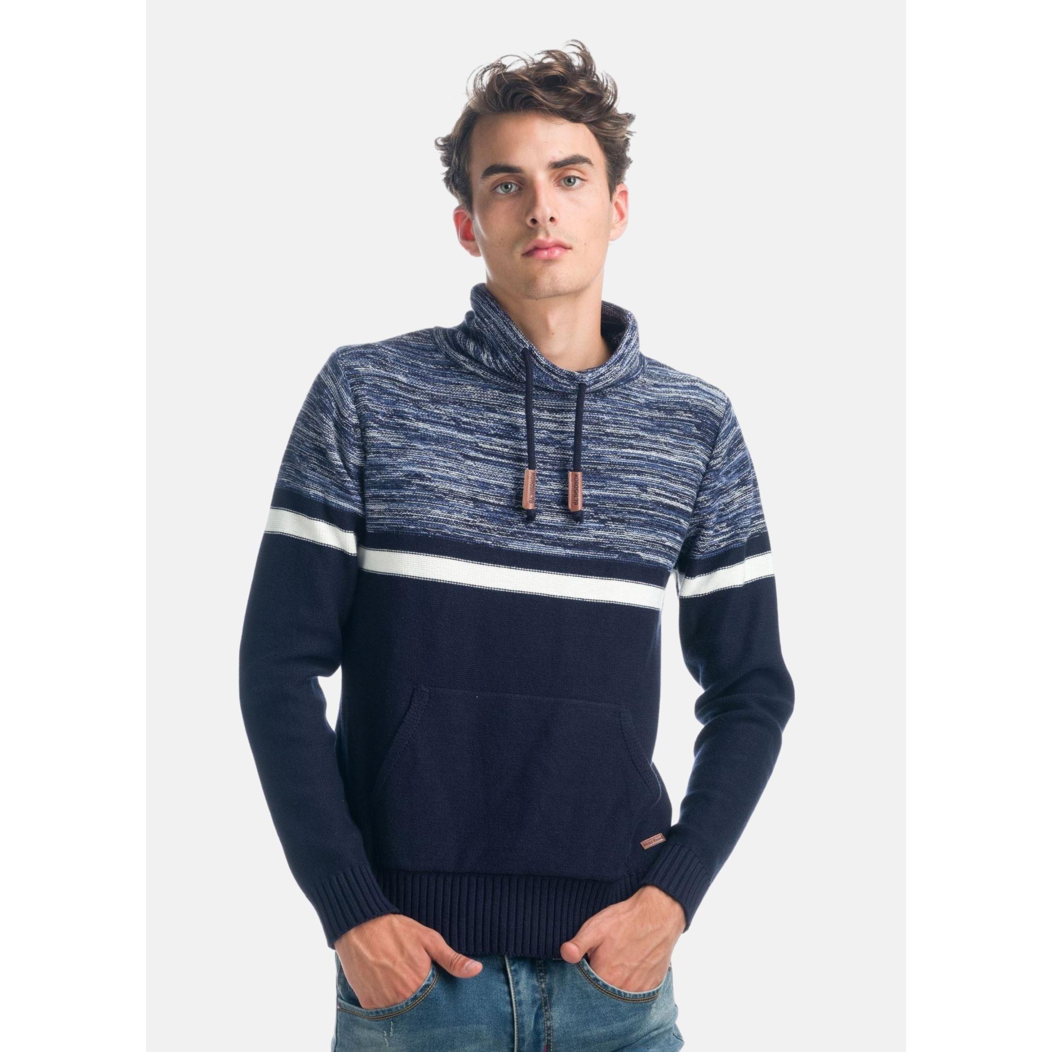 Koroshi - Jersey hombre cuello alto con cordón ajustable y punto jaspeado en canesú, 100% algodón, estilo urbano funcional para invierno