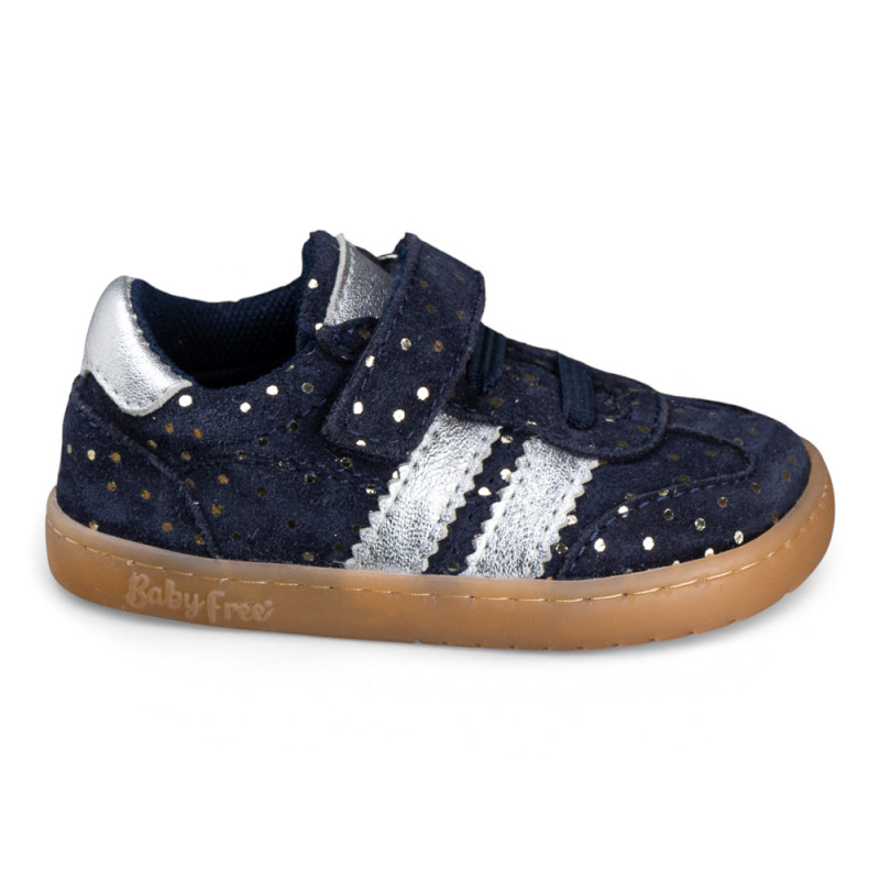 Baby Free - Calzado infantil Baby Free estilo barefoot en piel azul marino, diseño con puntos metalizados y cierre velcro seguro