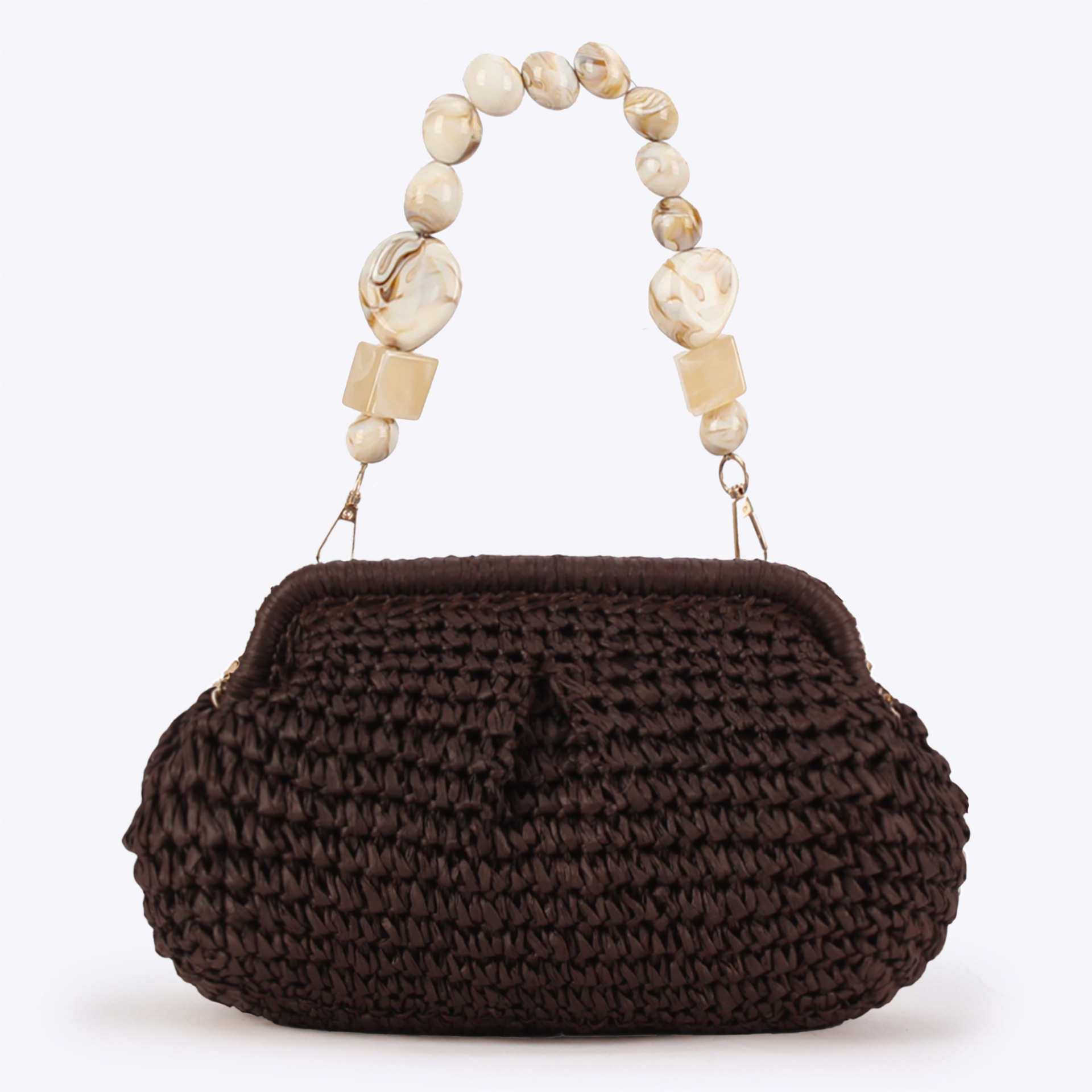 Bolso de playa de verano para mujer, bolso tejido de rafia, bolso hobo elegante con paja de media luna con cuentas, mochila bohemia