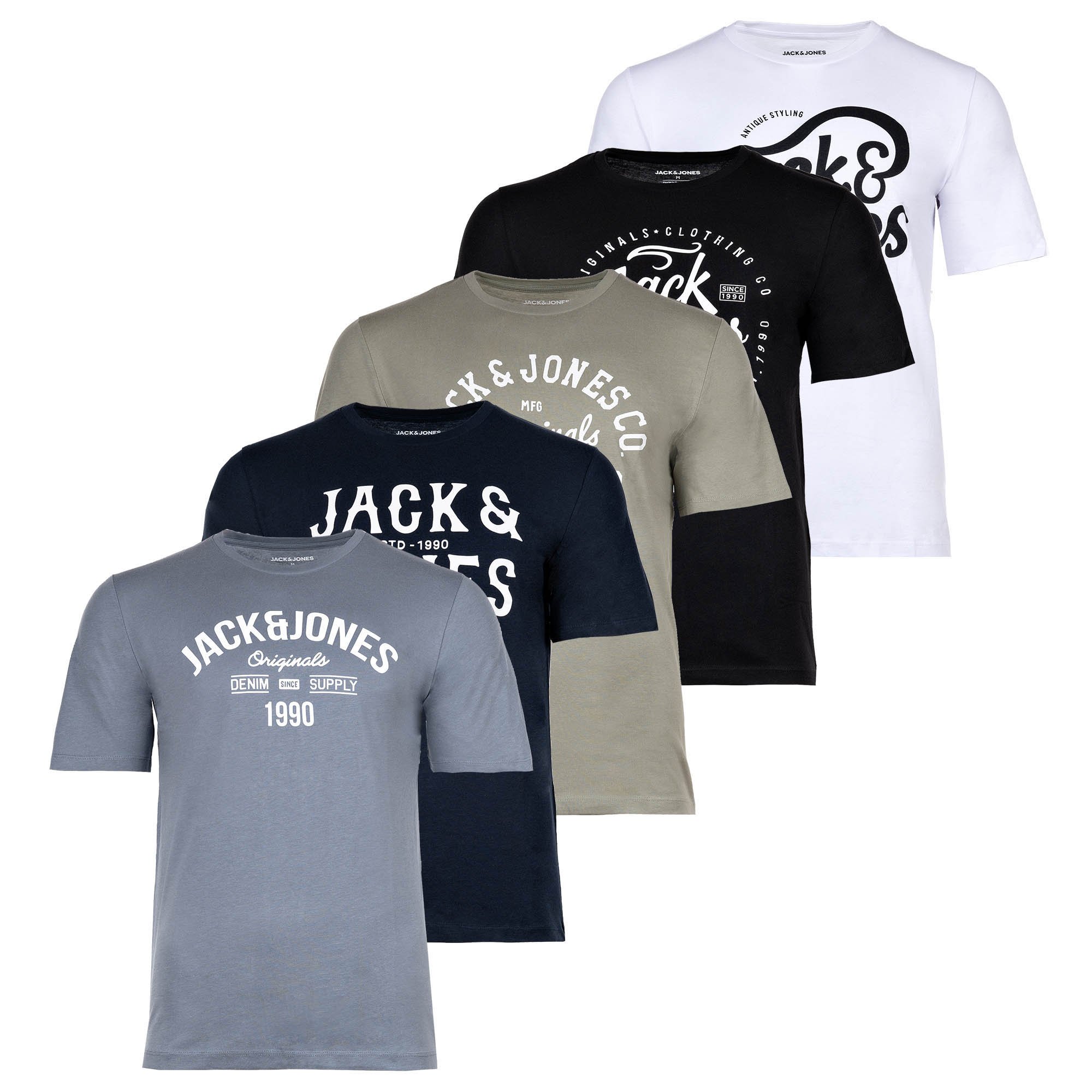 JACK&JONES Camiseta hombre, pack de 5 - JJLEOGRA TEE CREW NECK, manga corta, cuello redondo, algodón, logo estampado JJLEOGRA TEE CREW NECK 5PK