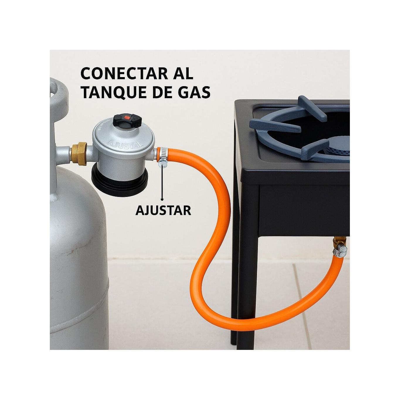 Kit de Regulador de Gas Licuado para Uso Doméstico｜Incluye Manguera Naranja de 1.5m Resistente a la Presión + Doble Abrazadera｜Salida de Presión Estable｜Compatible con Estufas, Calentadores y Calefactores｜Instalación Fácil, Segura y Duradera