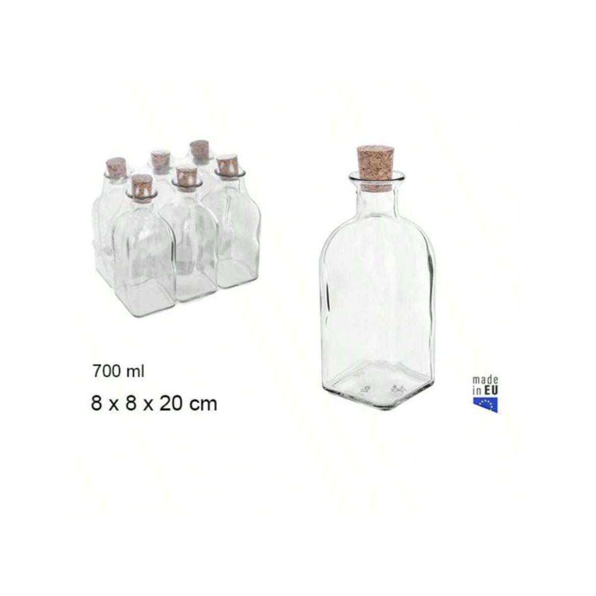 Pack 6 Botellas vidrio con Tapon de Corcho transparente  de 700 ml｜Diseño alto de forma cuadrada con tapón de corcho natural｜Perfectas para almacenar aceites esenciales, especias de cocina, jugos, bebidas caseras, recuerdos de boda, decoración DIY, manual