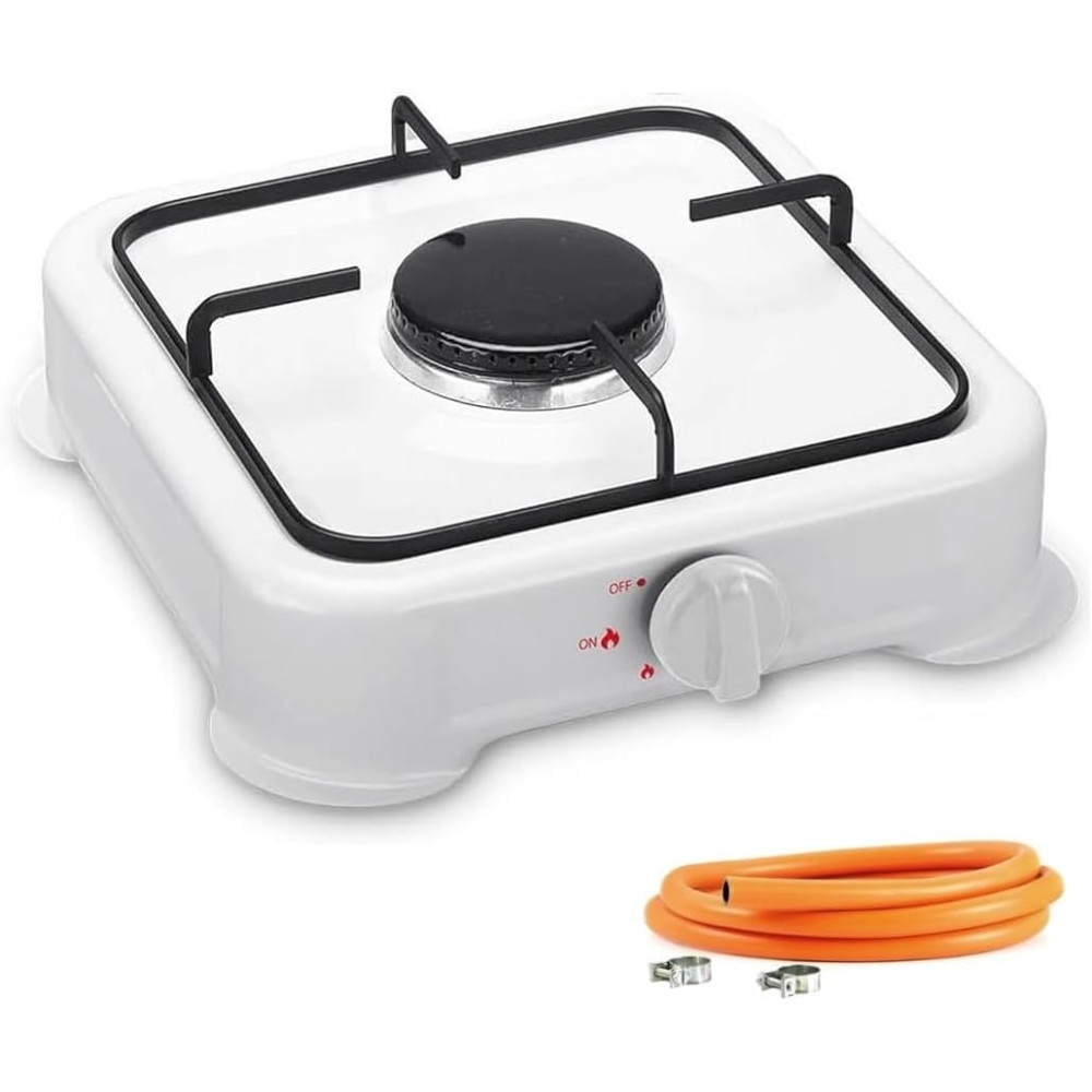Hornillo de Gas 1 Fuego Cocina Portátil + Manguera de Presión Estufa para Camping, Playa, Jardin y Hogar 28x28x7cm, Color Blanco COSHANO
