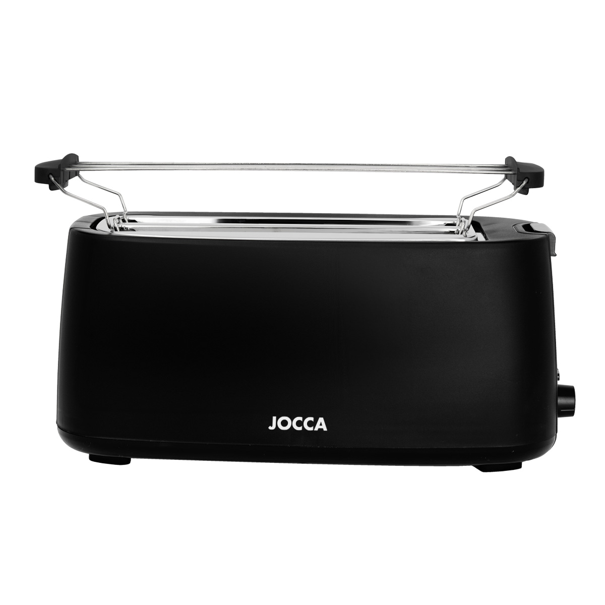 Tostador Jocca de doble ranura larga con capacidad para 4 rebanadas y soporte para panecillos. Incluye función de descongelar, recalentar, cancelar y anti atasco, regulador de tostado, sistema de auto centrado, bandeja recoge migas y recoge cable