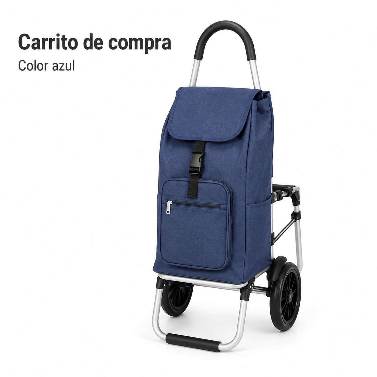 Carrito de compras auxiliar, ligero y plegable, con asiento integrado para descansar de forma temporal. Fabricado en nailon grueso y de alta resistencia, incluye ruedas para un desplazamiento suave y práctico. Sus medidas son 103 x 44 x 58 cm