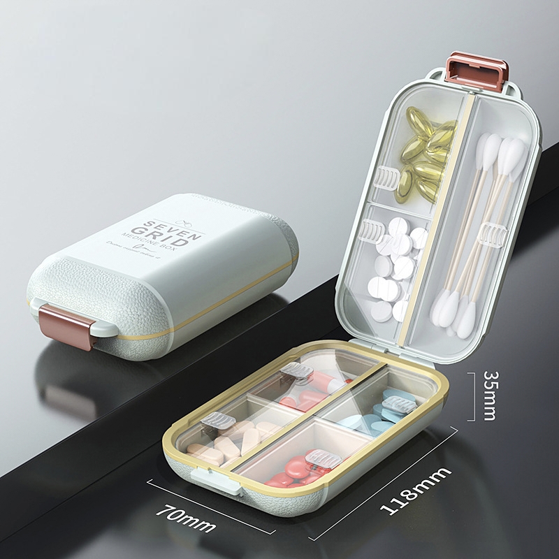 TK Organizador de pastillas portátil, pastillero con 7 compartimentos, pequeño pastillero para viajes, organizador de píldoras de medicina diaria con tapa hermética, contenedor de píldoras de material