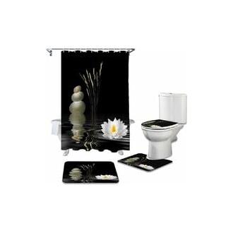 CA Juego de 4 cortinas de ducha con diseño de piedras zen, loto blanco y negro, impermeables, antideslizantes, 180 x 180 cm