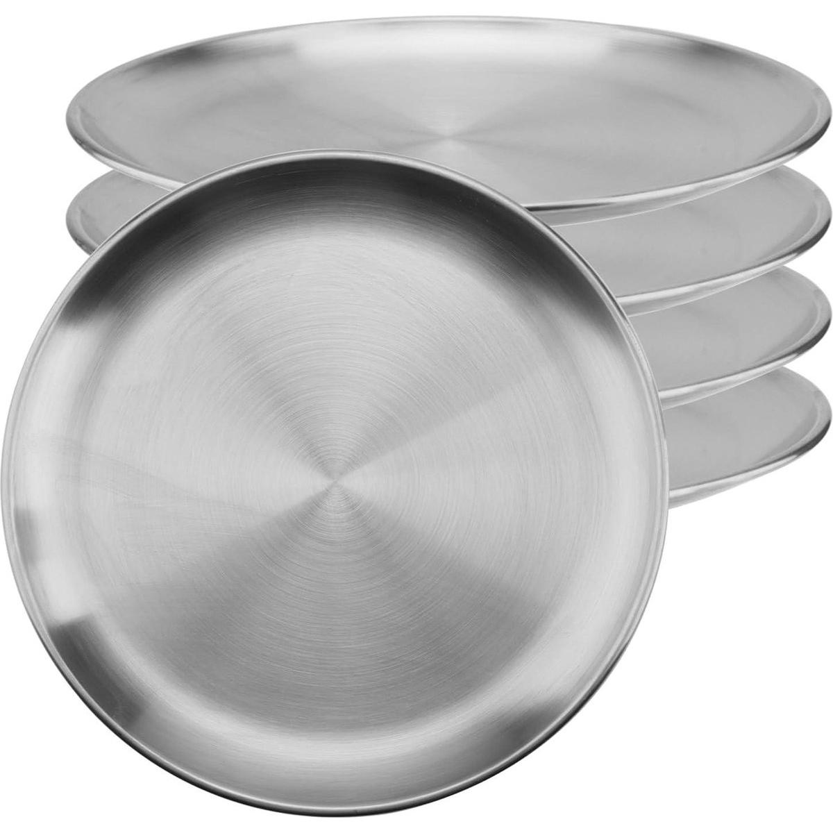 Platos llanos de acero inoxidable - 5 piezas de 20 cm - platos redondos para servir - resistentes a la oxidación - platos de metal plateado - camping, barbacoa, picnics, uso al aire libre