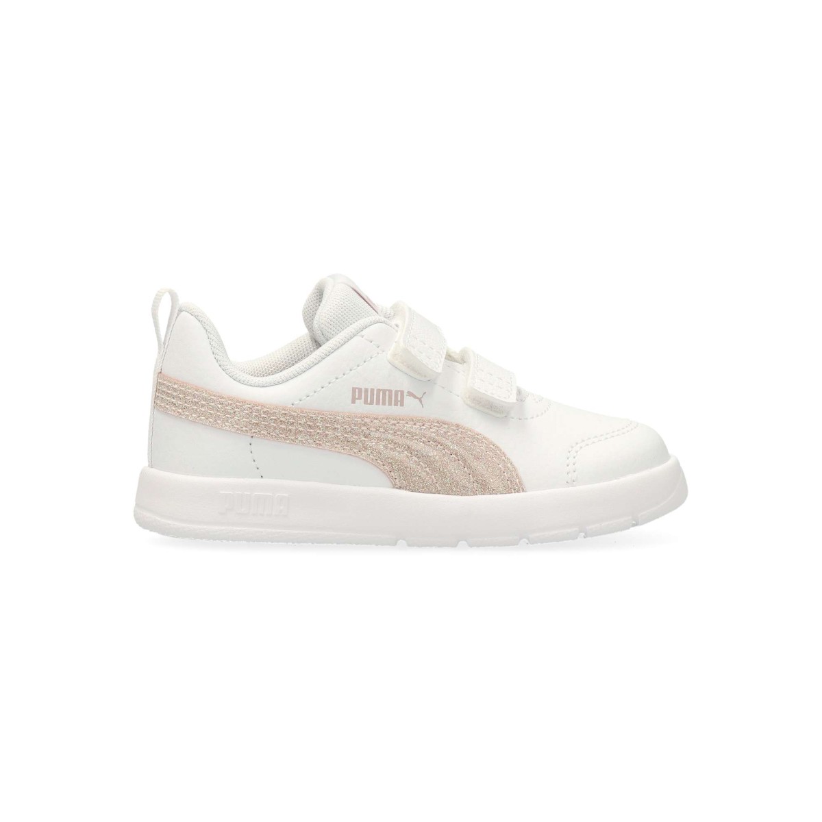 Puma - Zapatillas Courtflex V3 para niña con glitter, cierre adherente y suela de goma, diseño casual blanco y rosa