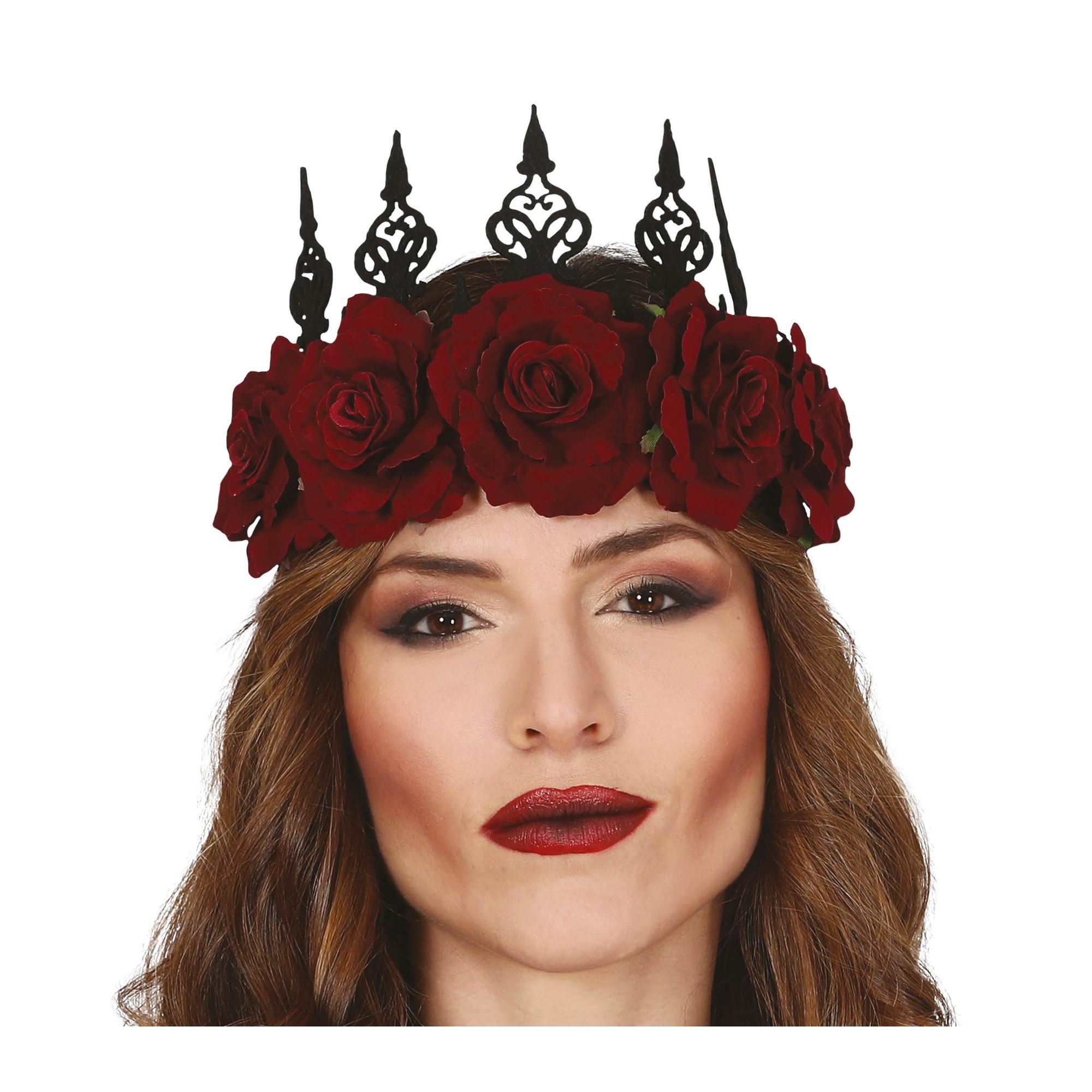 GUIRCA | Corona reina flores para mujer, corona gótica elegante, diadema con rosas rojas y picos negros, ideal para disfraces, fiestas temáticas y Halloween
