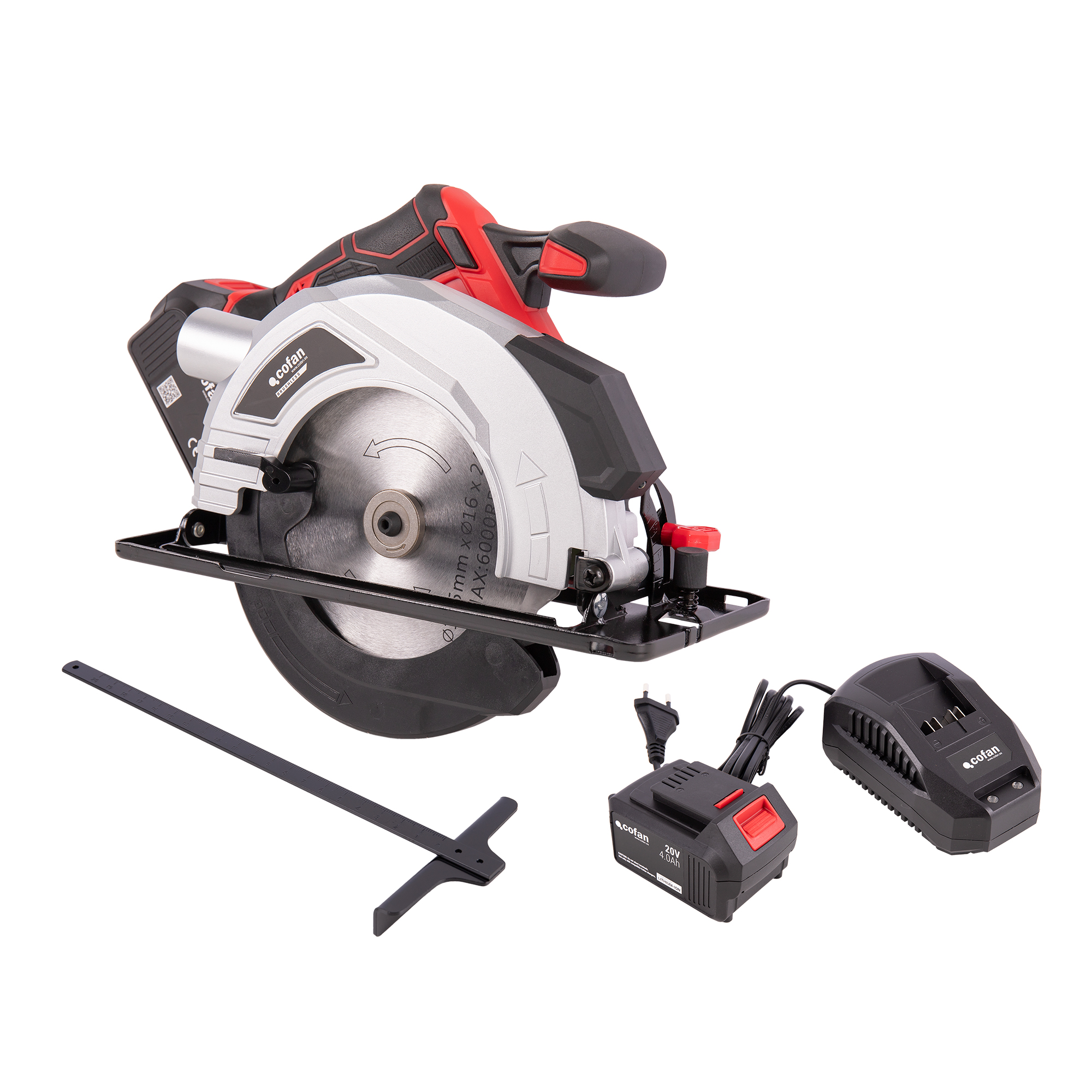Cofan Sierra circular a batería 20 V | Base de Ø185 mm | Motor sin escobillas | 3650 rpm | Profundidad de corte 50 mm | Disponible con y sin batería y cargador |Con accesorios
