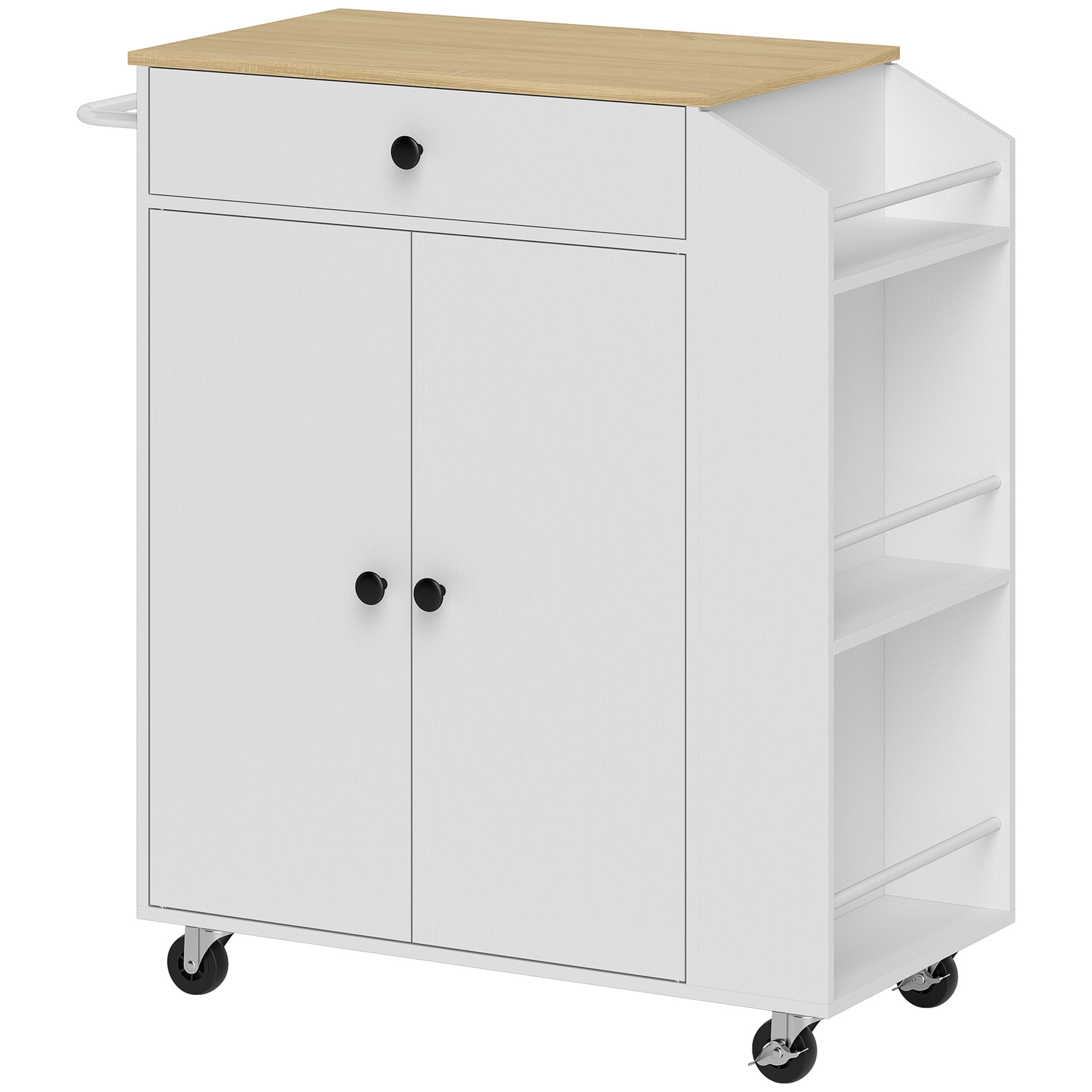 HOMCOM Isla de Cocina con Ruedas Carrito de Cocina Mueble Auxiliar de Cocina con 2 Puertas Cajón Especiero de 3 Niveles Toallero y Estante Ajustable 82x38x86,5 cm Blanco