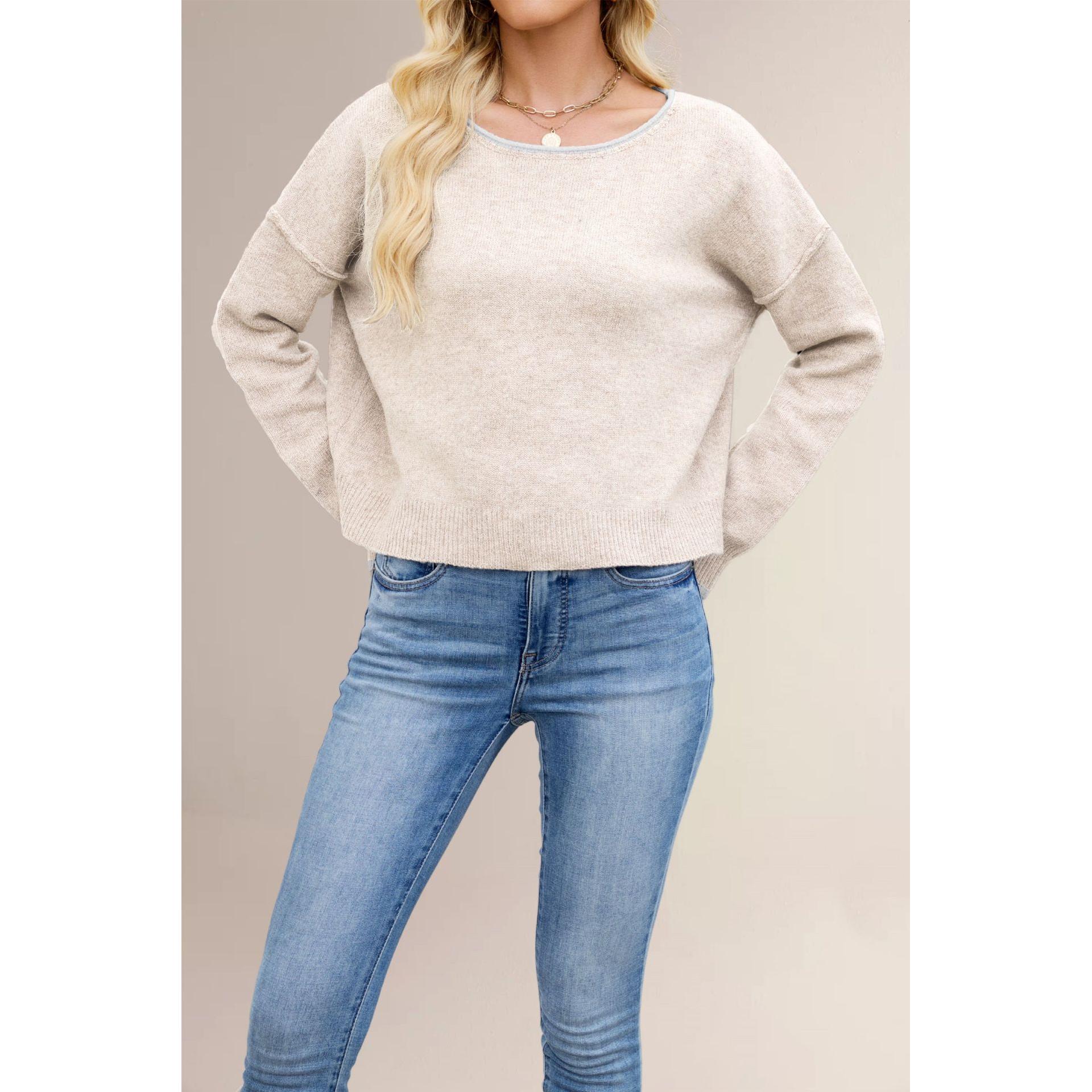TK Suéter de punto con cuello redondo y bloques de color para mujer, suéter holgado y versátil para otoño/invierno