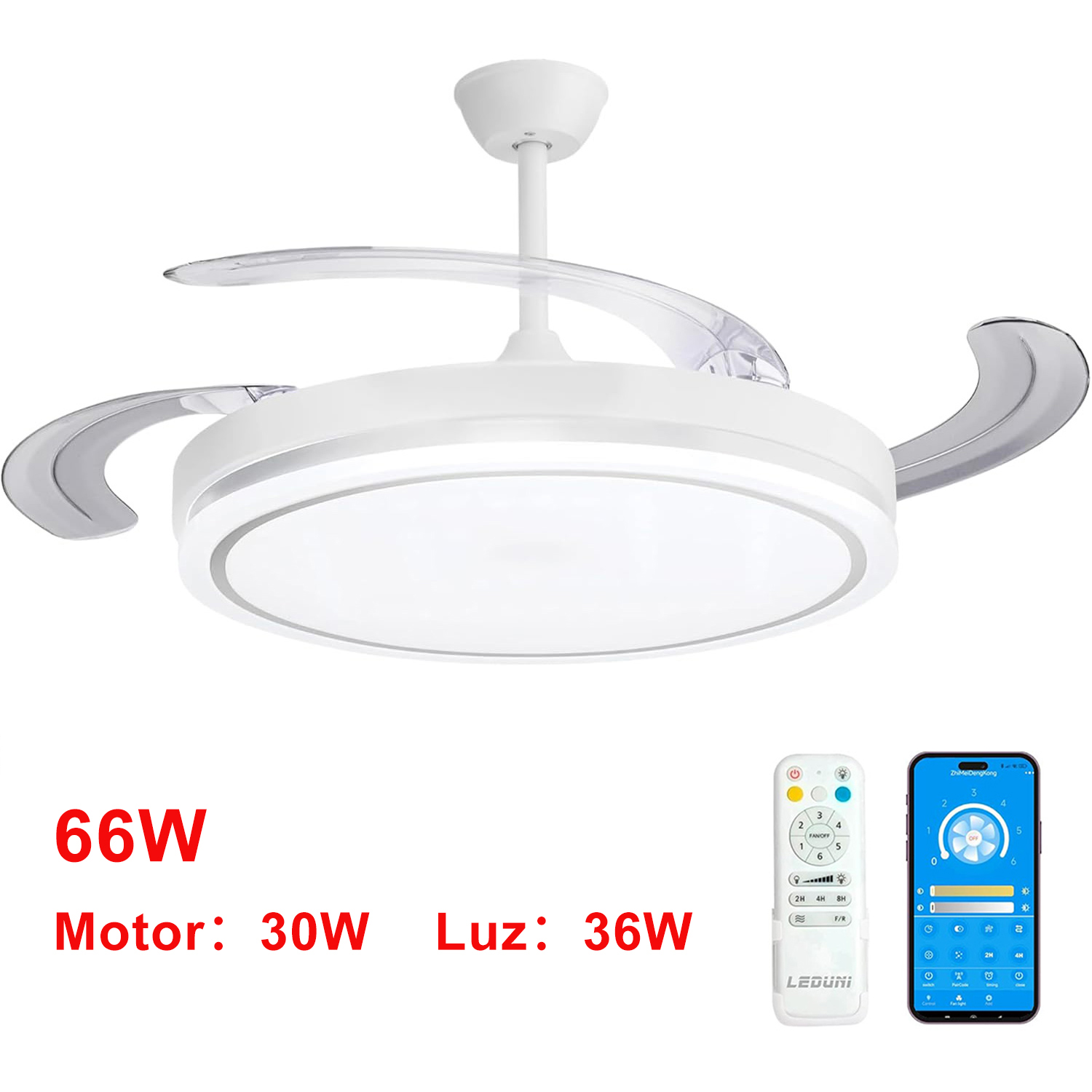 Ventilador de techo OstarkDom con Lámpara LED de 66W – Ventilador Invisible Ultraligero y Silencioso con Control Remoto y Aspas Retráctiles Φ50×H37 cm – Luz Fría/Neutra/Cálida para Interiores – OstarkDom-LEDUNI