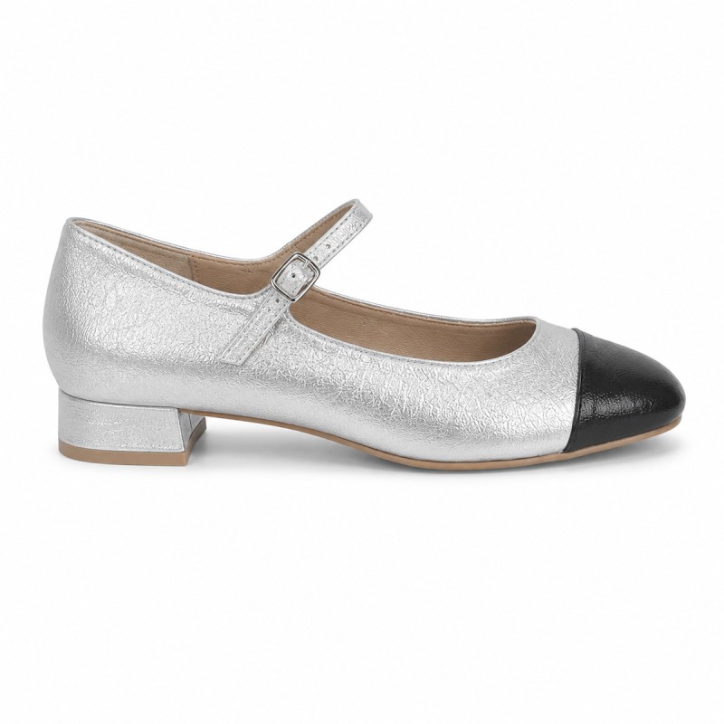 Zapato Merceditas De Tacón Bajo Para Mujer, Plateado Y Negro. Montevita Milanoza 105315