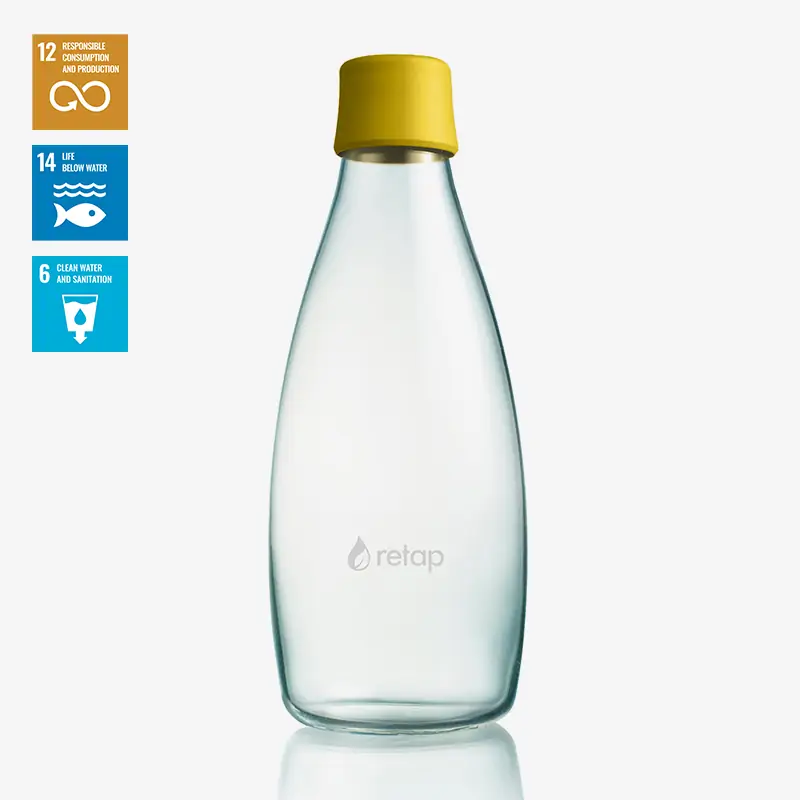 Botella de Agua, Ecológica, de Vidrio de Borosilicato, marca RETAP de 0,8 L con Tapón y Caja de Regalo