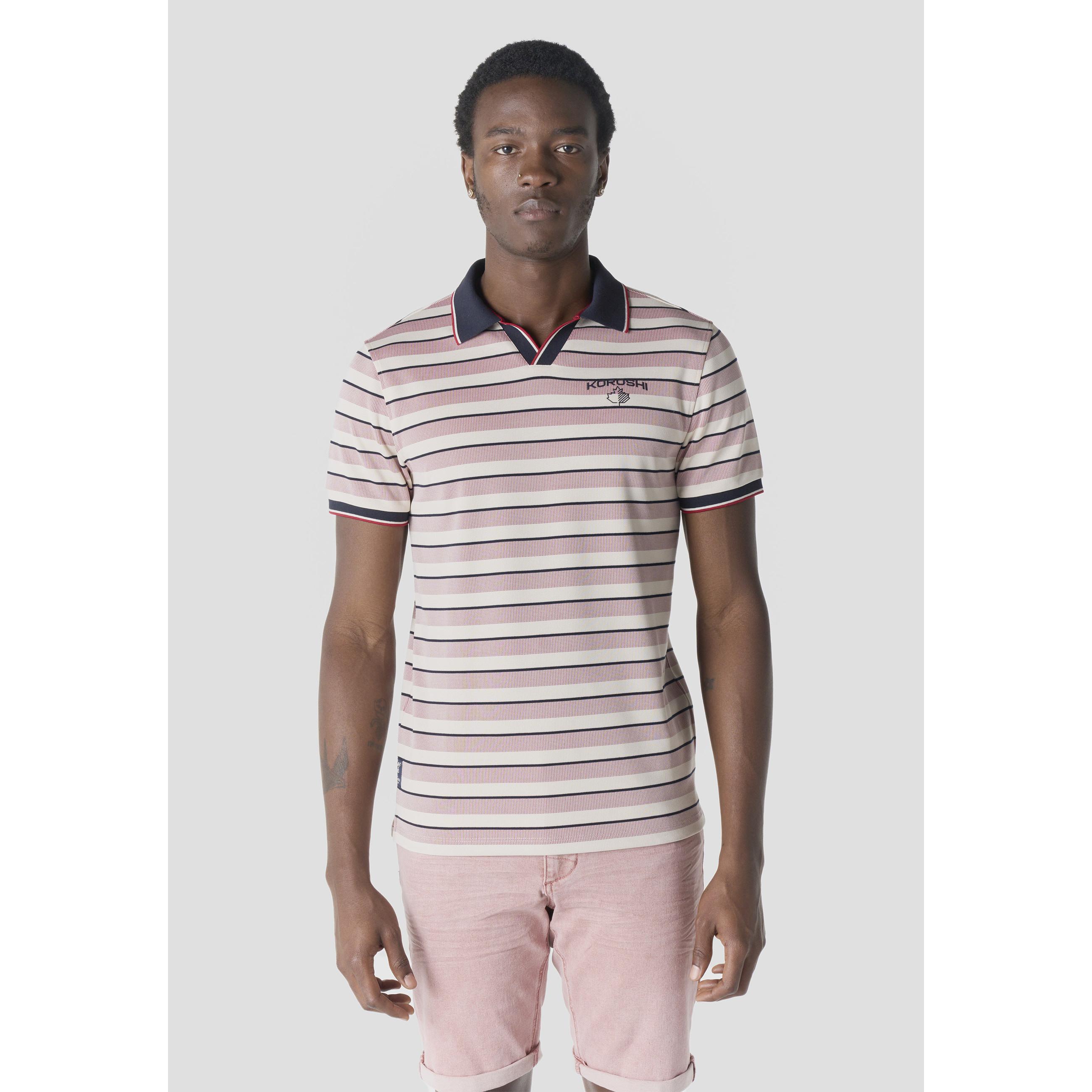 Koroshi - Polo hombre manga corta rayas horizontales crudo con cuello abierto en contraste navy y vivos rojos, 65% poliéster 35% algodón, logo bordado en pecho
