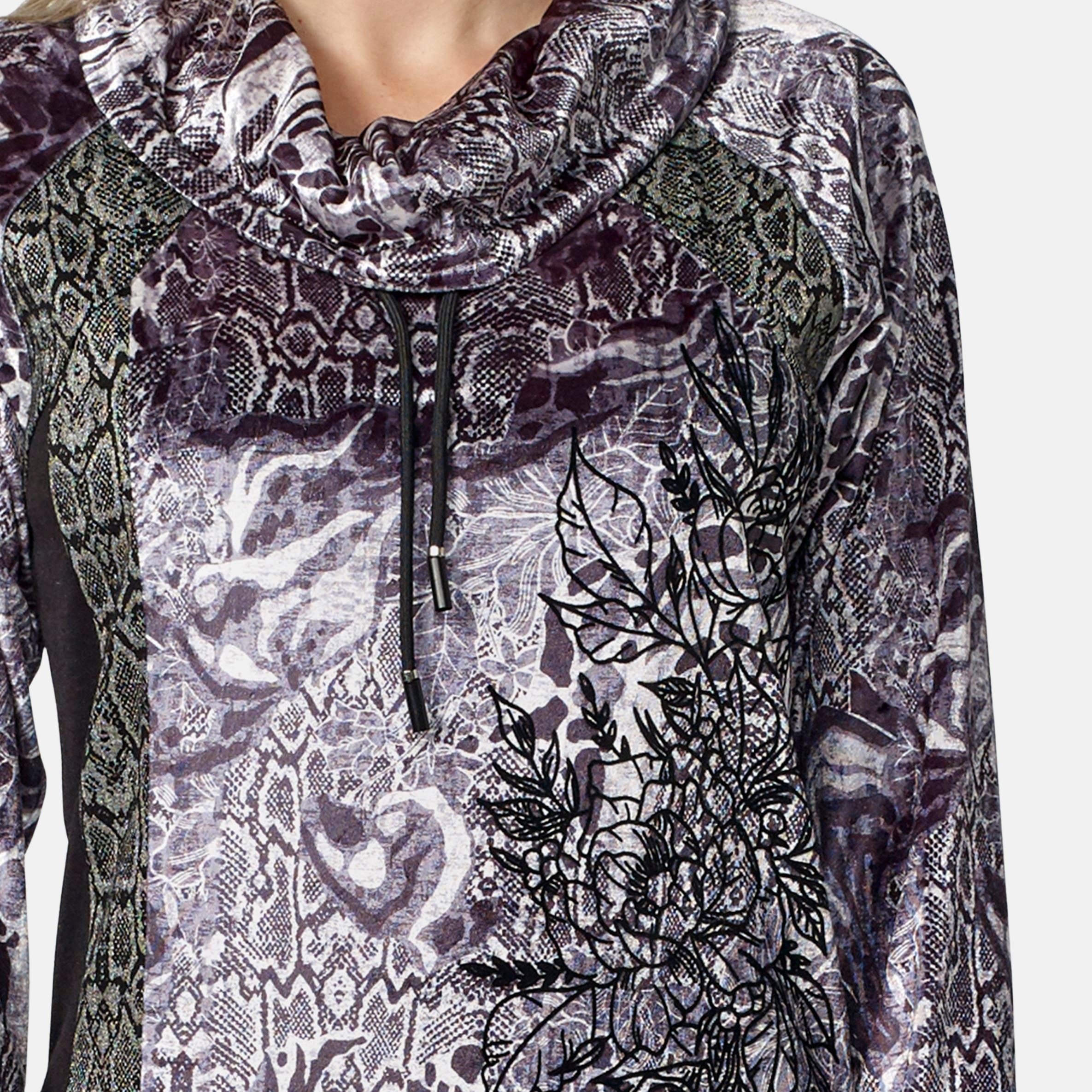 Koroshi - Vestido mujer cuello chimenea ajustable con cordón, estampado floral en flock y corte recto sobre rodilla, negro