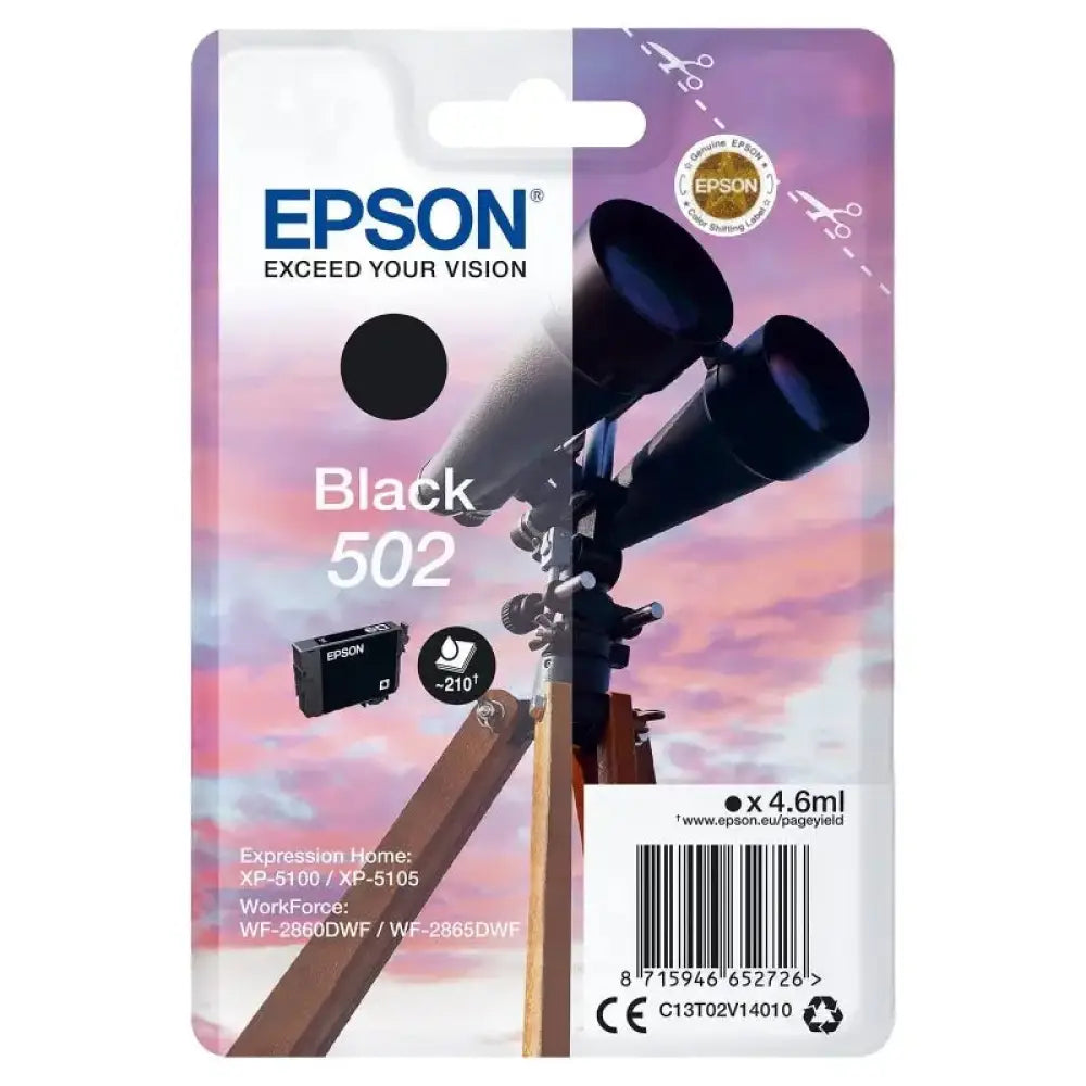 Epson - Cartucho de tinta negra 502 para impresoras WorkForce WF-2865DW, XP-5105 y Expression Home, pigmentada y económica con capacidad de 4,6 ml