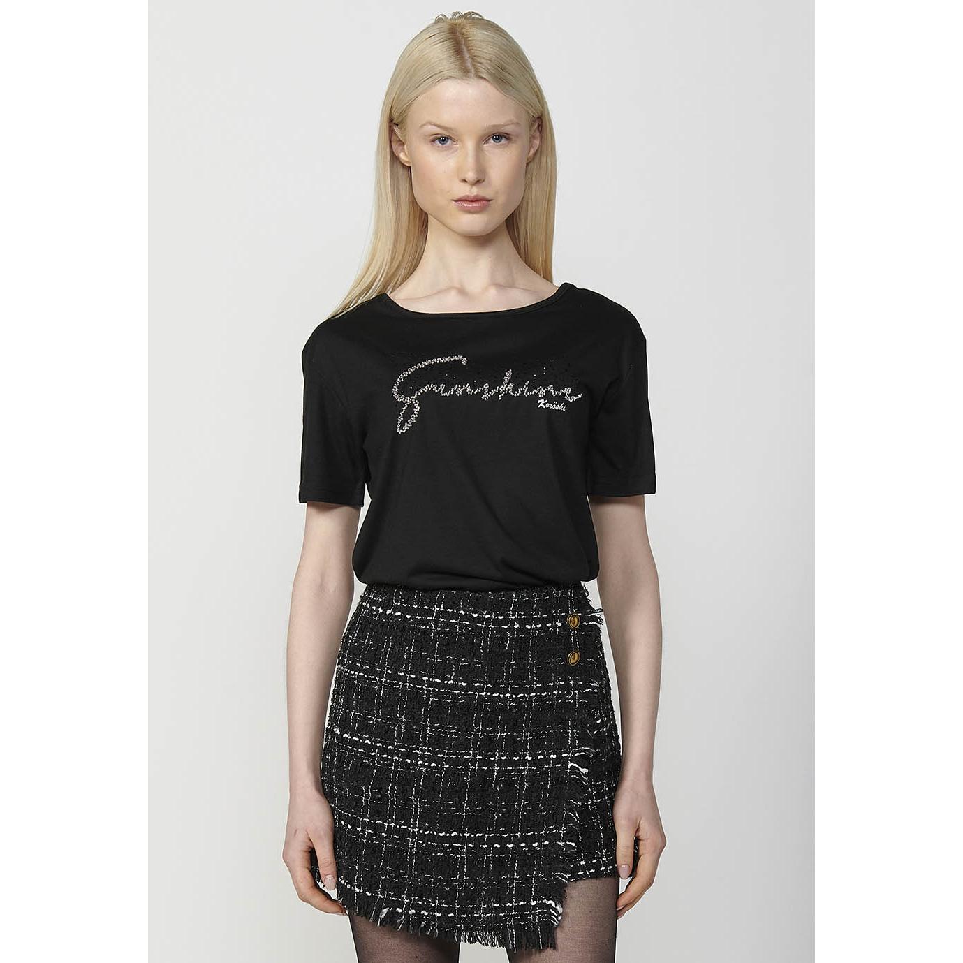 Koroshi - Camiseta manga corta con estampado de brillo para mujer, de poliéster y viscosa, diseño versátil día y noche
