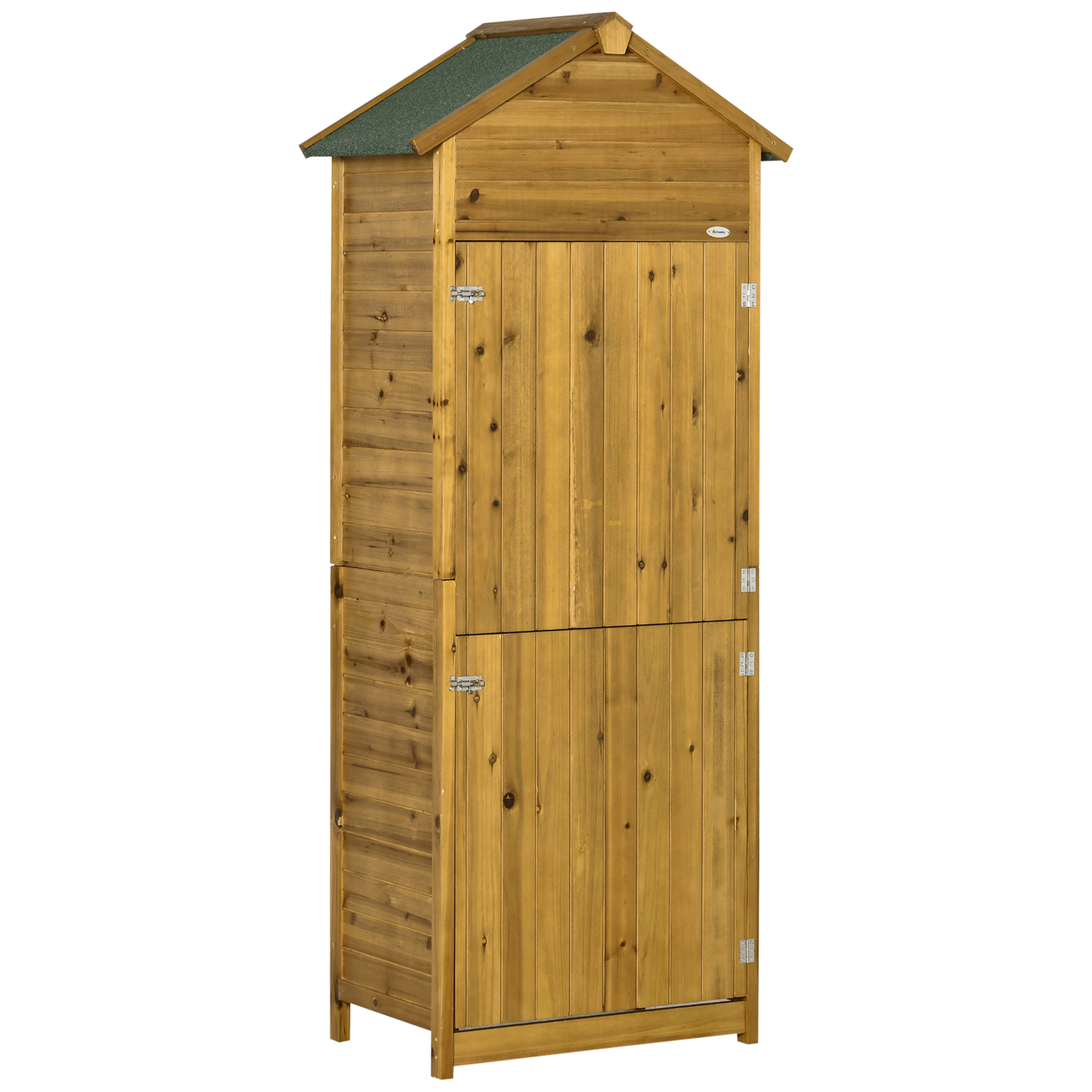 Outsunny Armario de Jardín de Madera 79x49x191,5 cm 0,28 m² Cobertizo para Almacenaje de Herramientas con Techo Asfáltico 3 Estantes y 2 Puertas con Cerrojo para Exterior Terraza Natural