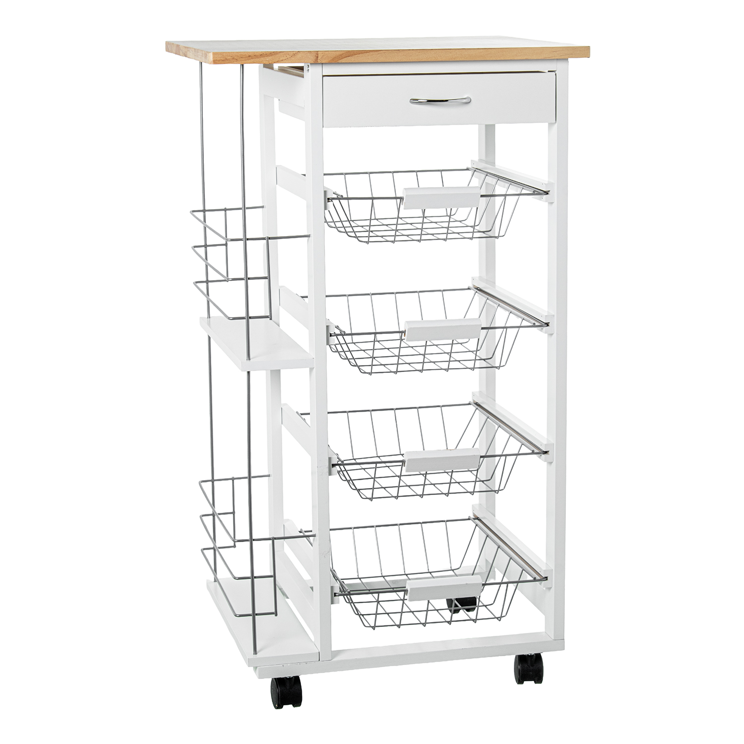 Carro de cocina madera blanca, natural con 4 cestos metal y cajón, medidas 47x37x82 cm Fijalo