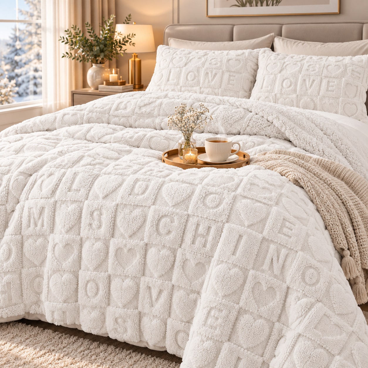Edredón de Borreguillo Reversible para Invierno con Diseño de Letras y Corazones, Manta Cálida y Suave de 100% Poliéster con Funda de Almohada, Lavable a Máquina