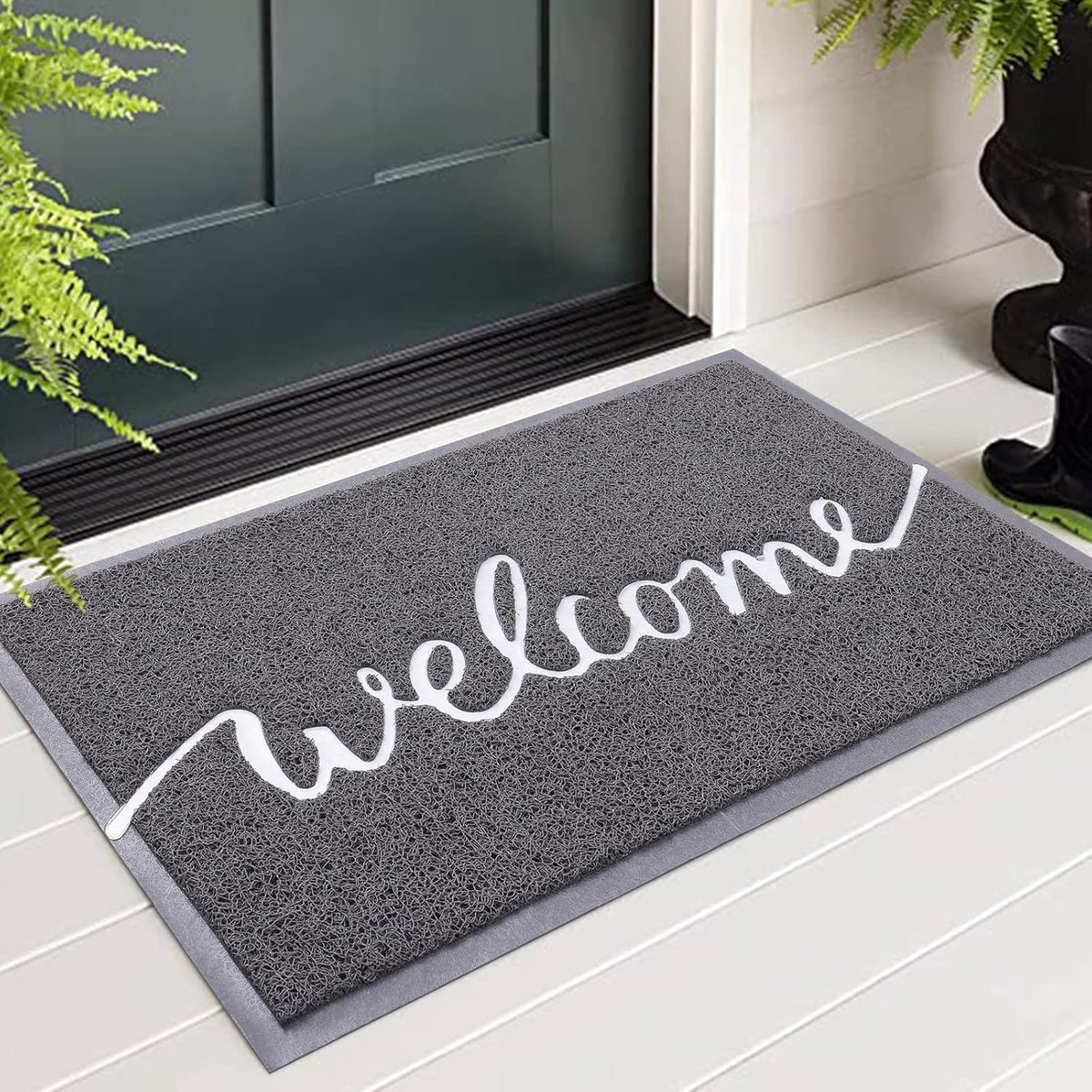 Deurmat Buiten Binnen Antislip Deurmat Wasbare Deurmat voor Voordeur Tuin, welkom grijs,44*76cm
