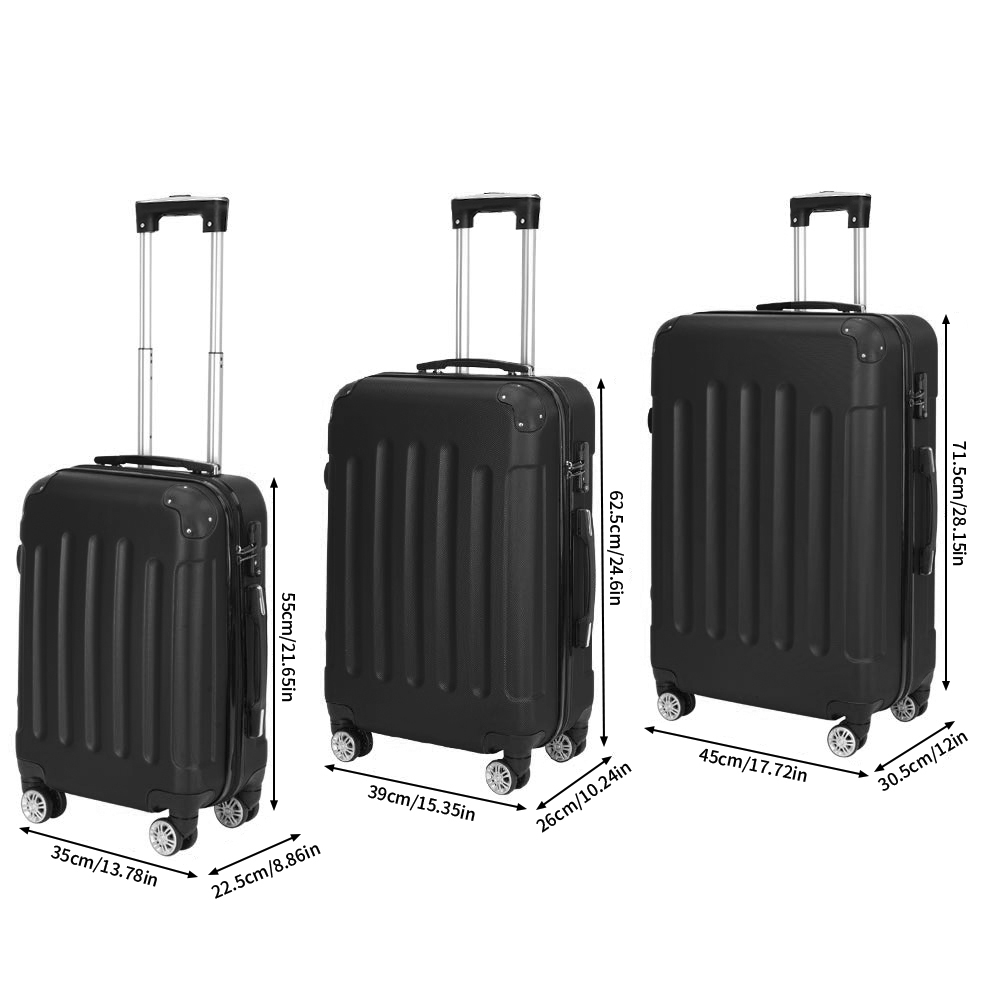 Juego de maletas negras Superaly de 3 piezas | Maleta de embarque con ruedas universales, juego de maletas con ruedas de carcasa rígida hechas de ABS, juego de equipaje de viaje con asa telescópica, maleta con carrito de mano