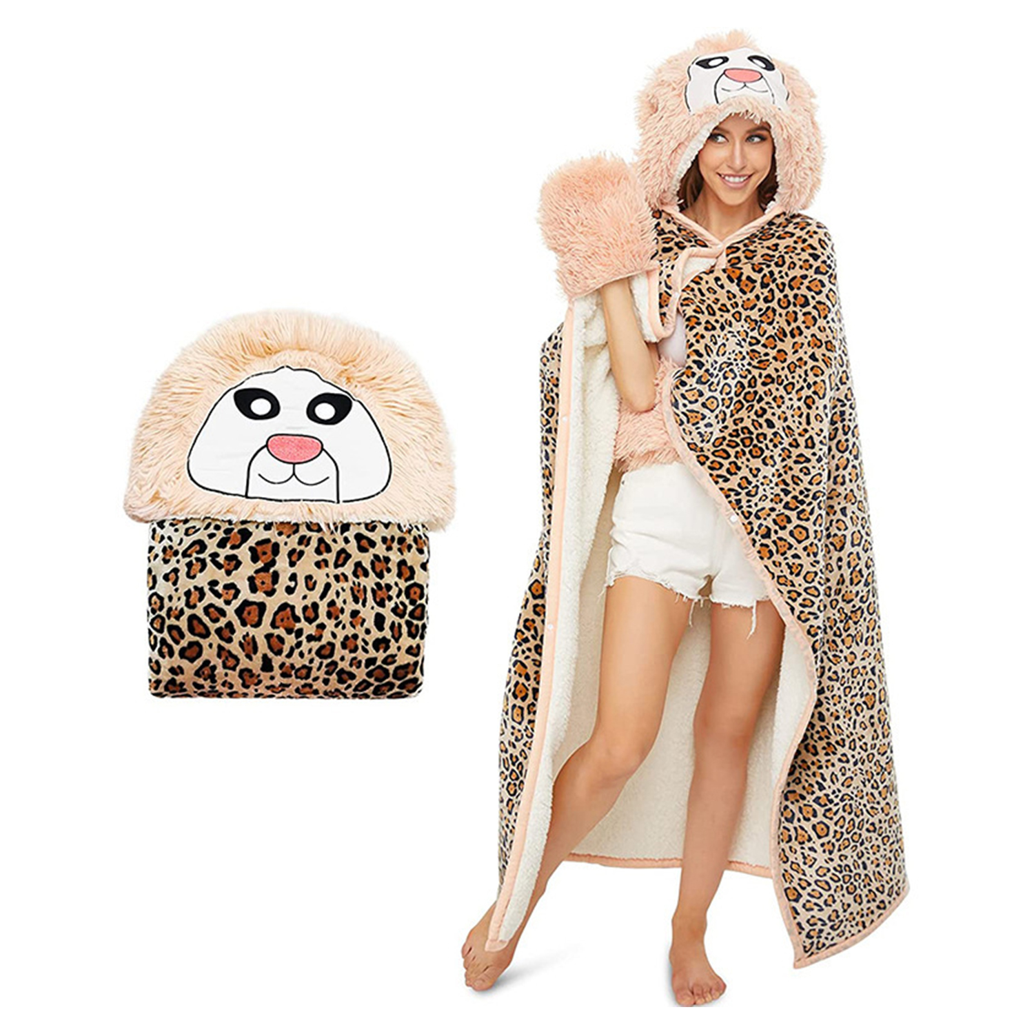 DAM Bata manta adultos con capucha diseño leopardo. 120x152 cm. Color: Leopardo