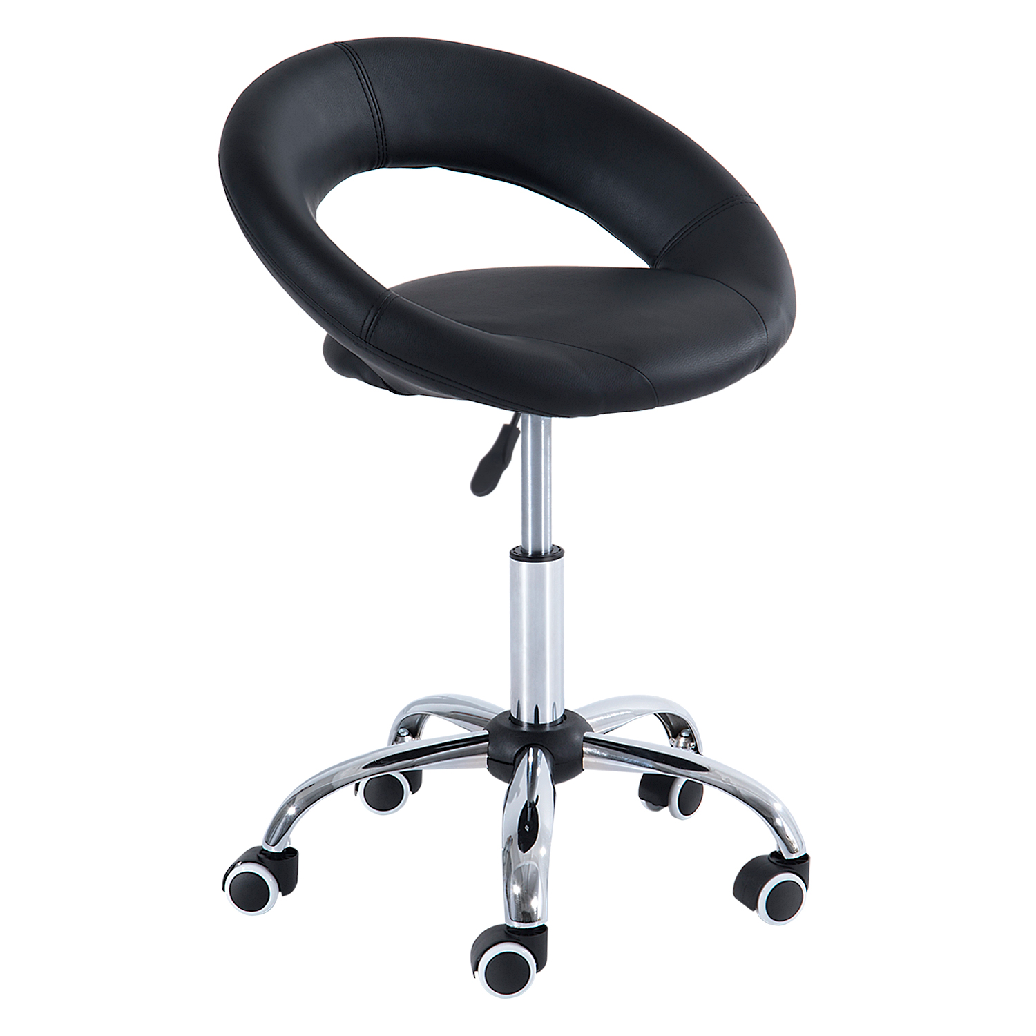 HOMCOM Taburete con Ruedas Taburete de Trabajo Taburete Giratorio Silla de Oficina Regulable en Altura, PU + Metal, Negro, 50 x 54 x (66-78) cm