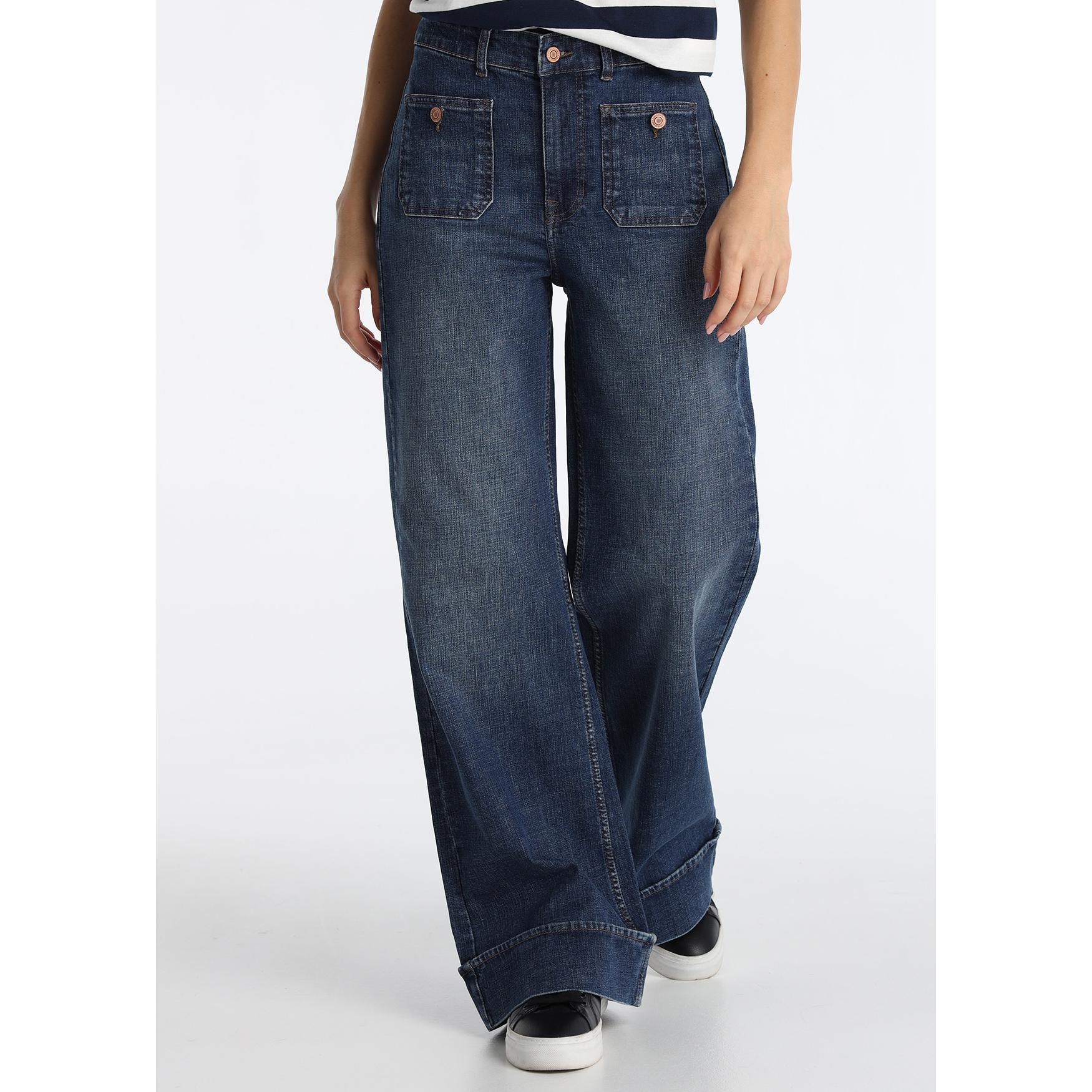 LOIS JEANS - Jeans Wide Leg de Tiro Medio en Lavado Azul Oscuro - Tallaje en Pulgadas- Tallaje en Pulgadas