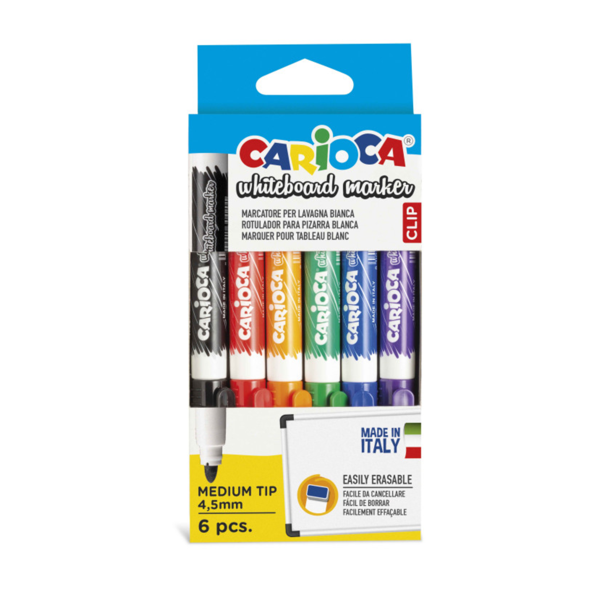 Carioca - Set 6 Rotuladores para Pizarra Blanca | Punta Media Ø 4,5 mm con Colores Surtidos y Tapa Clip
