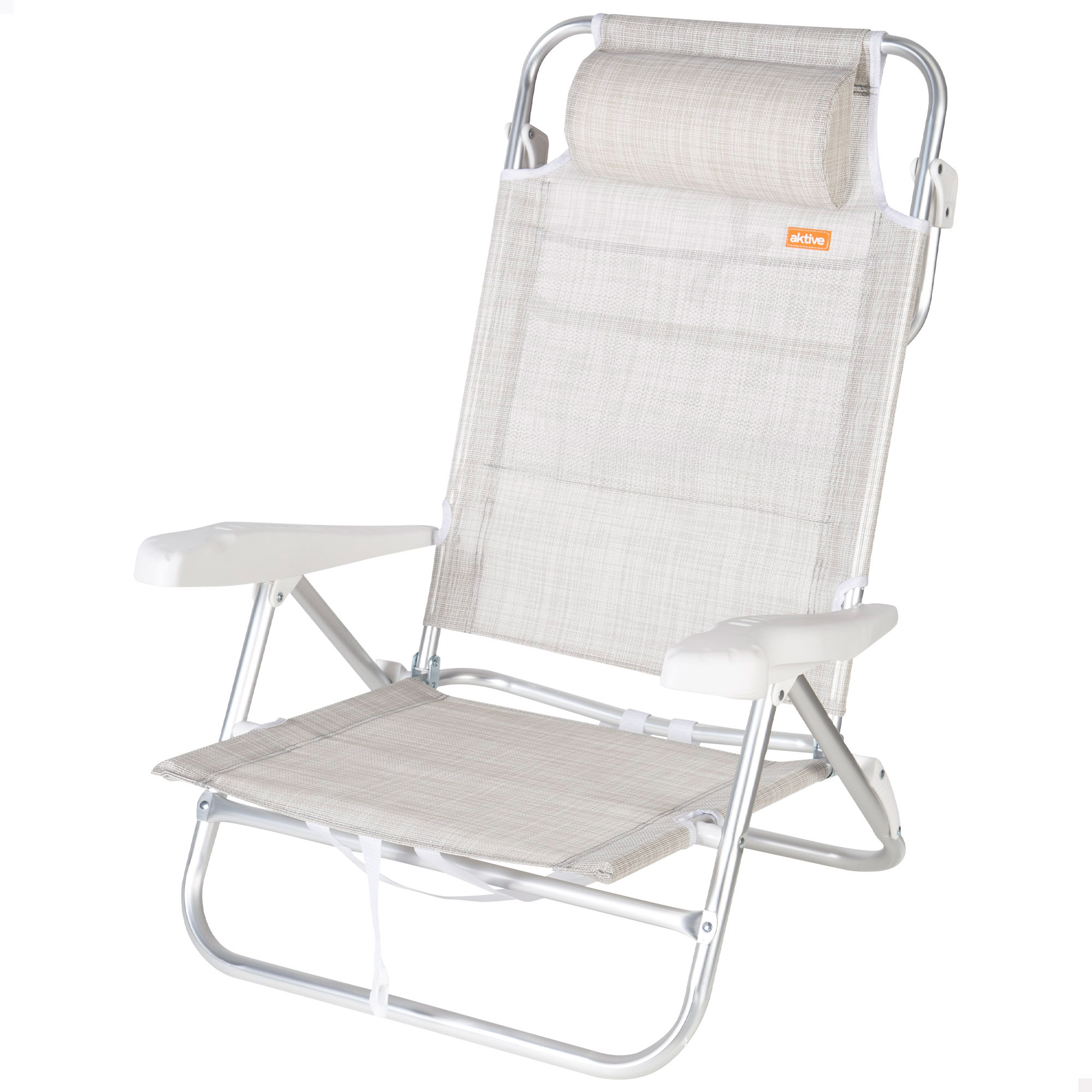 Aktive - Silla de playa plegable, baja, mide 47x49x82 cm, multiposición, 8 posiciones, textileno, aluminio, peso soportado 110 kg, asa transporte, sillas acolchadas