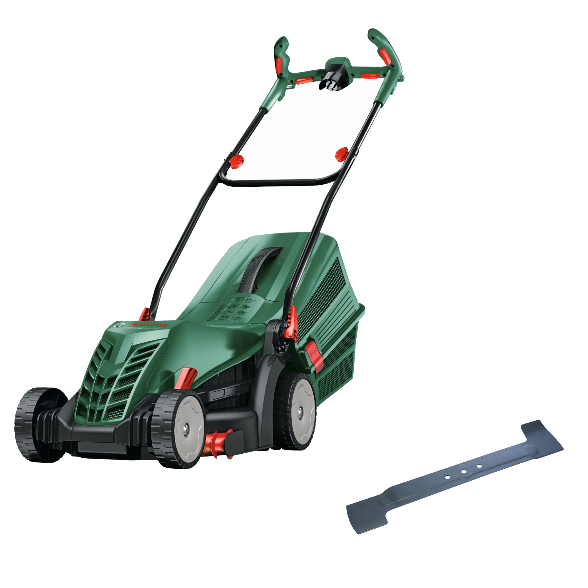 Bosch - Pack Cortacésped Eléctrico + Cuchilla de recambio 34cm - UniversalRotak 34-405 - 1300W, 34cm Ancho, Altura 25-70mm, Depósito 40L
