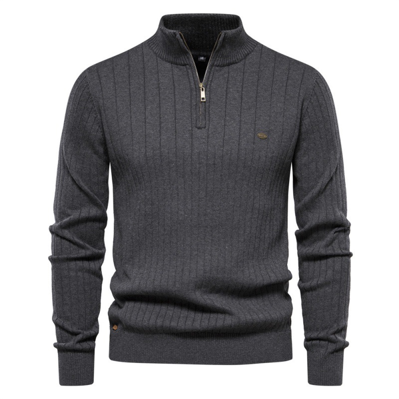 TK Suéter de algodón para hombre con cuello alto, jersey informal de media cremallera de color liso, prenda de punto para hombre
