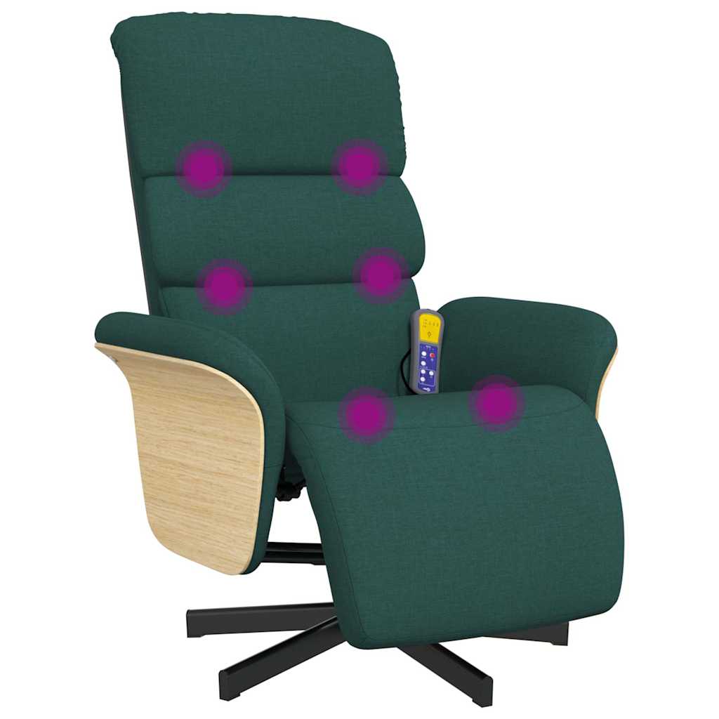 vidaXL Sillón reclinable de masaje con reposapiés tela verde oscuro