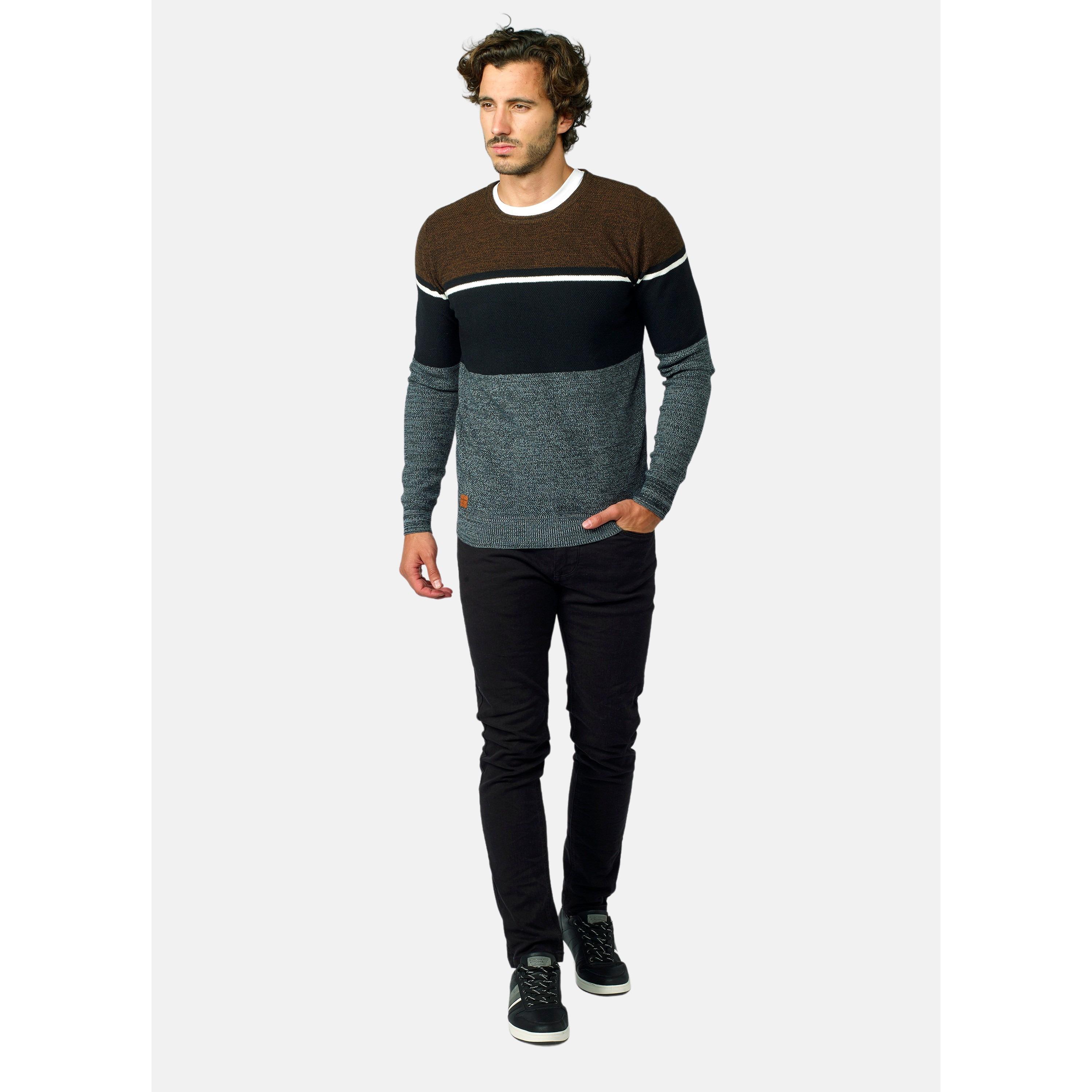 Koroshi - Jersey de punto fino para hombre con diseño de punto de abeja y rayas a contraste, tejido ligero con 6% lana, cuello redondo y manga larga