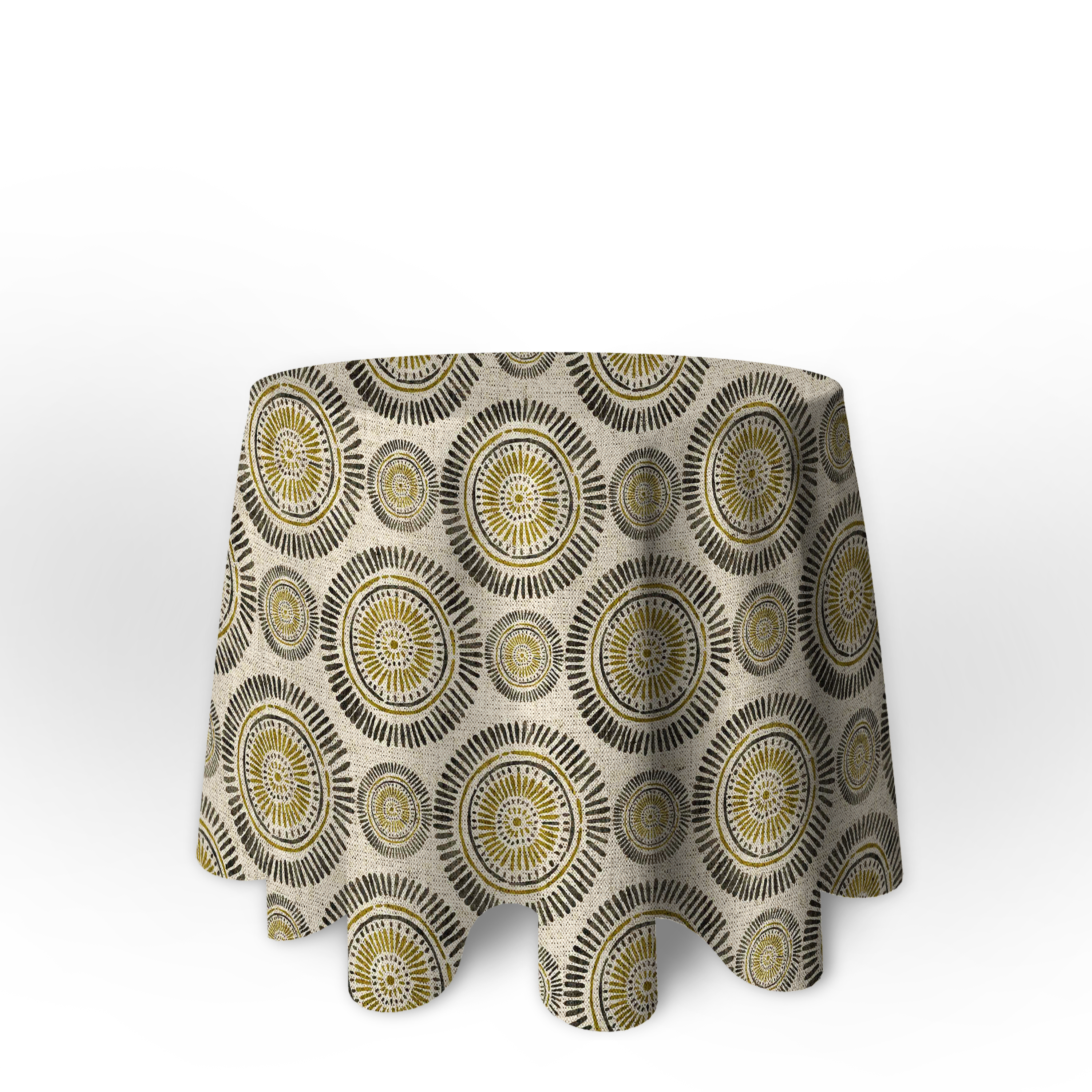 LaFábricadelasTelas - Falda Mesa Camilla Redonda Primavera Verano Loneta estampada mandalas algodón color Mostaza, bronce y turquesa. Faldón Faldilla enagüilla.Talla 60,70,80,90,100