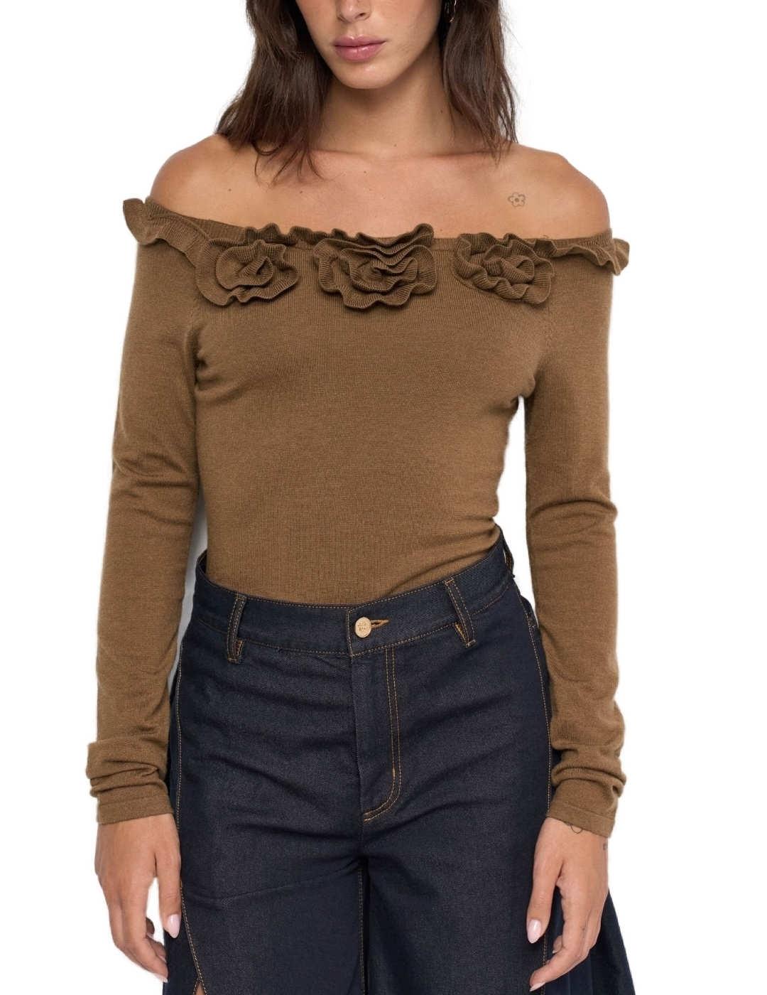 Jersey Salsa marrón escote flor palabra de honor para mujer