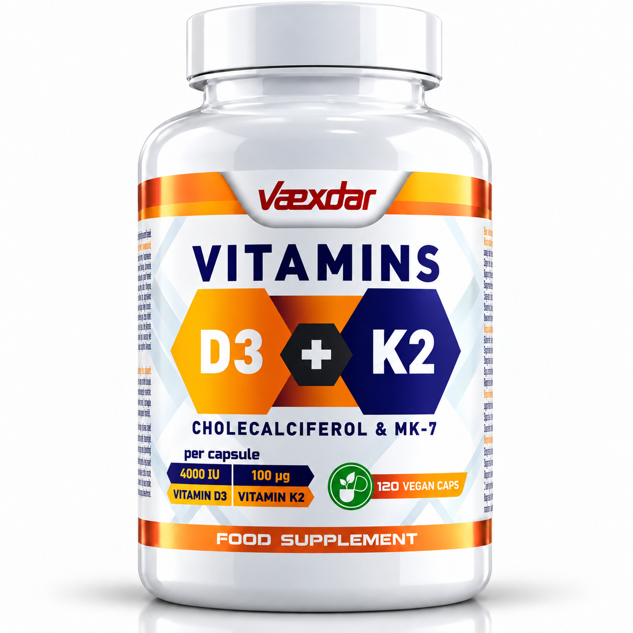 Vitamina D3 y K2 - 120 Cápsulas Vegetales - Colecalciferol 4000 UI + Menaquinona-7 100mcg - Vitamins D3 + K2 MK-7 Vaexdar Supplements